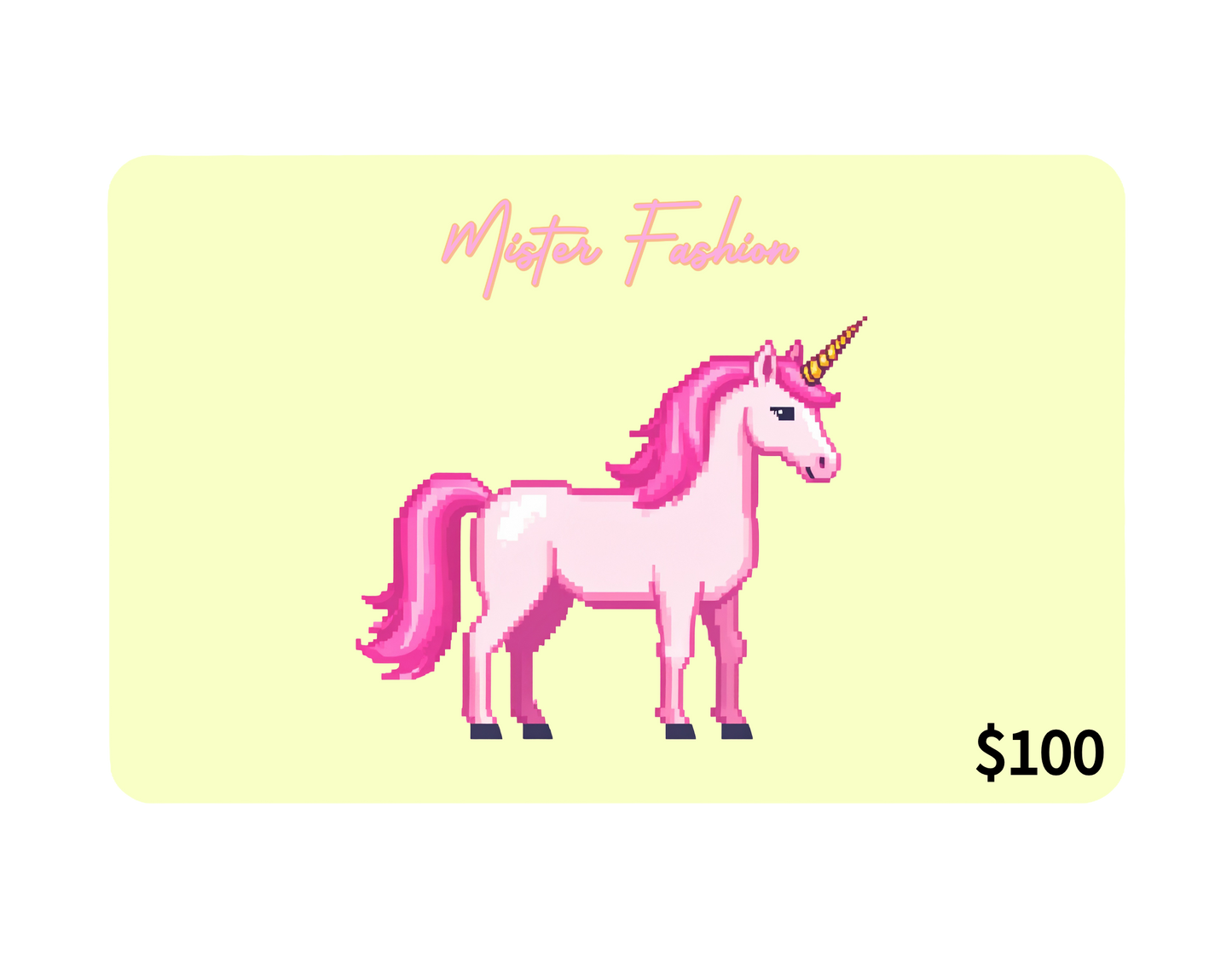 a digital 100 gift card in yellow with a pixelated pink unicorn.