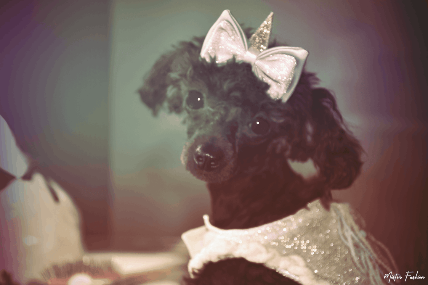 Aura the poodle is getting ready and turns to look at the camera.