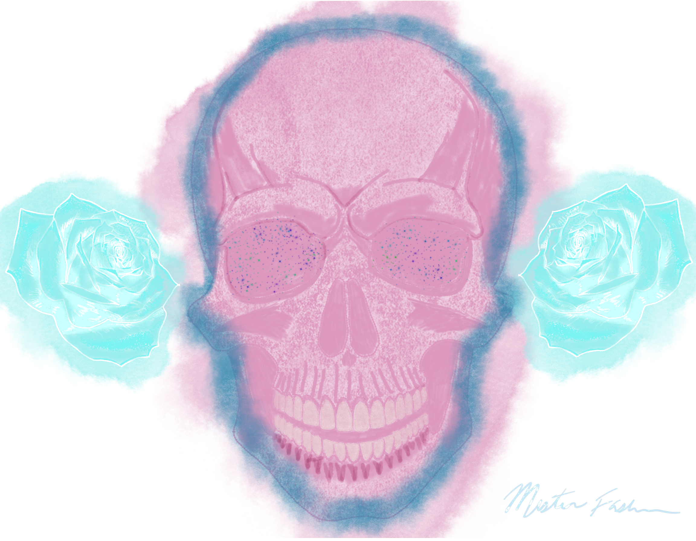 a painting of a pink skull with roses created by mister fashion