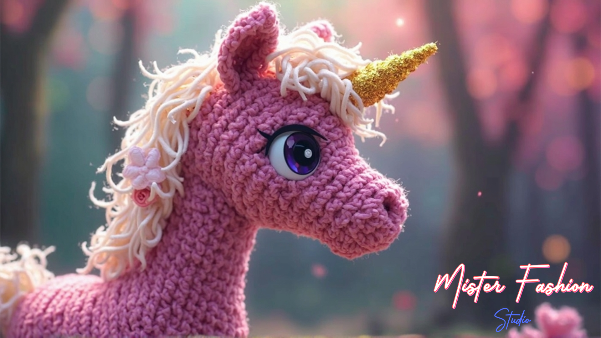 a pink yarn unicorn with a gold horn by mister fashion studio.
