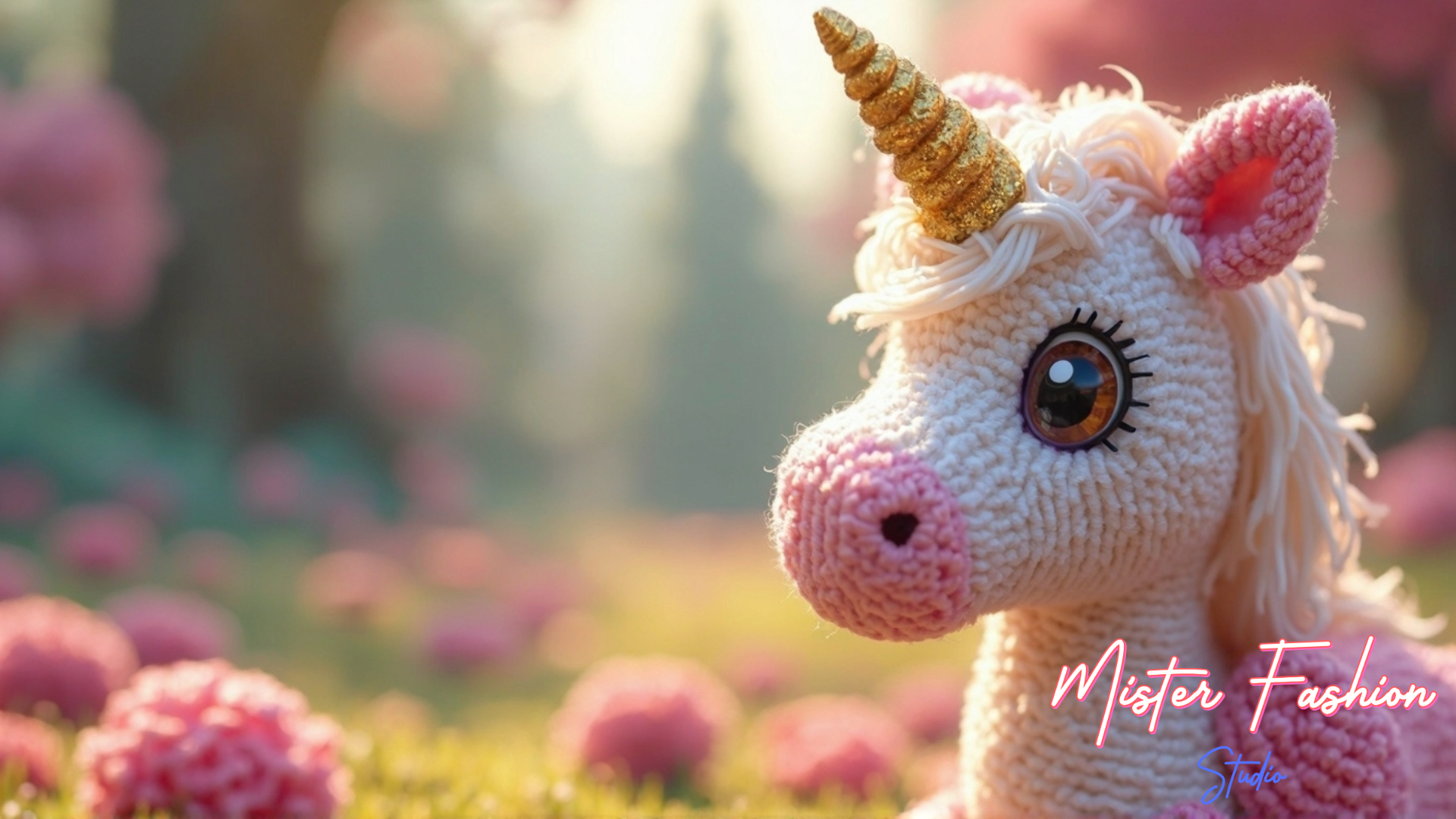 a white yarn unicorn with gold horn by mister fashion studio.