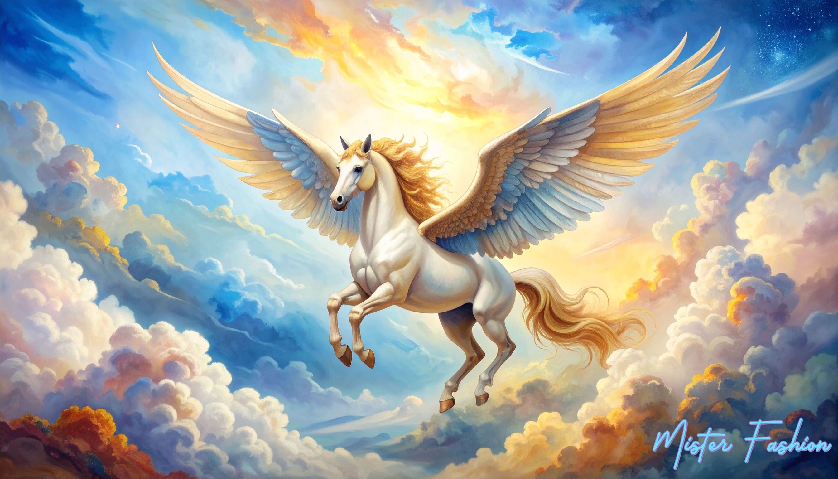 Mythical creature with wings flying through clouds