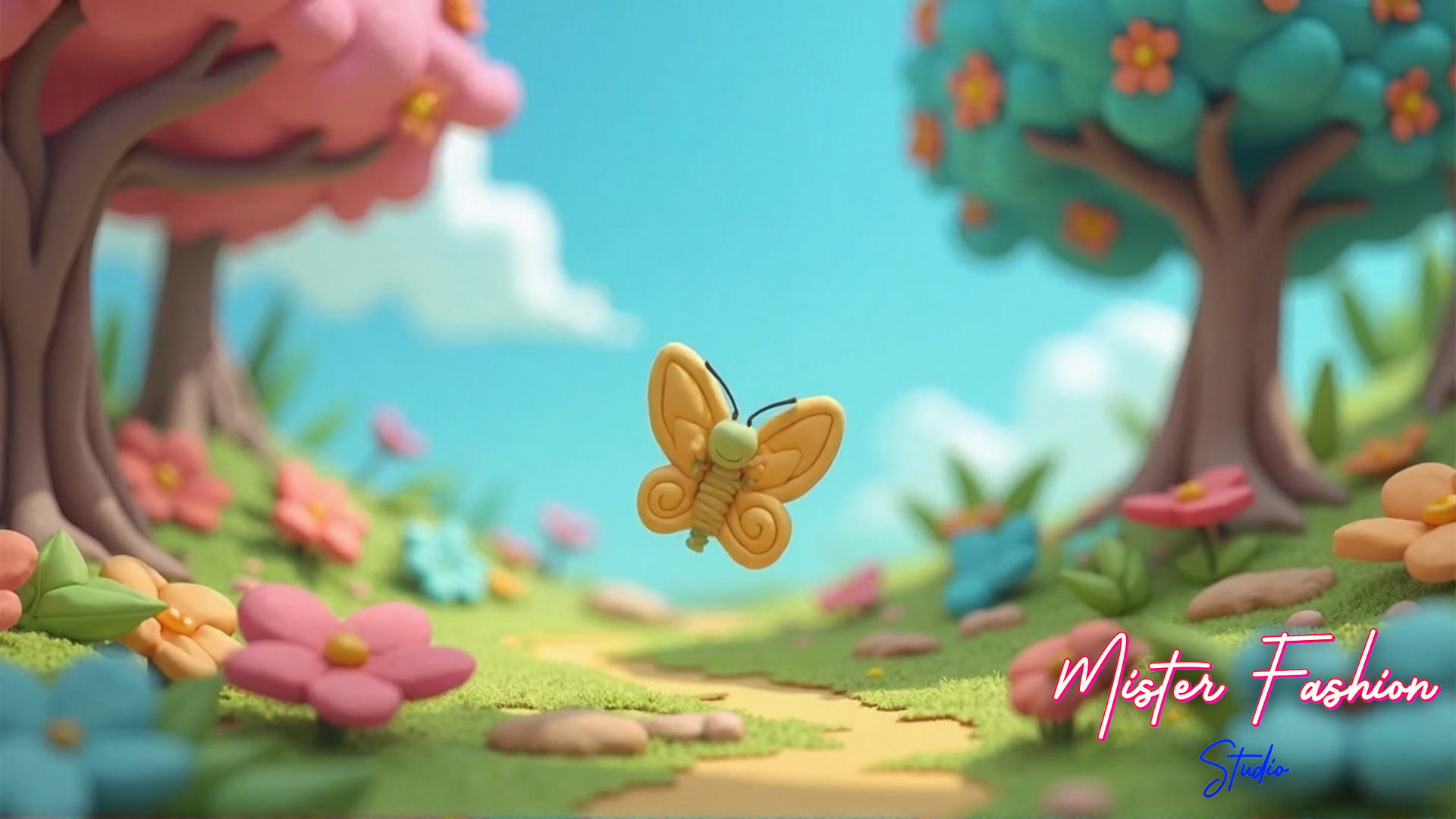 Colorful animated scene with trees, flowers, and a butterfly, featuring the brand 'Mister Fashion'.