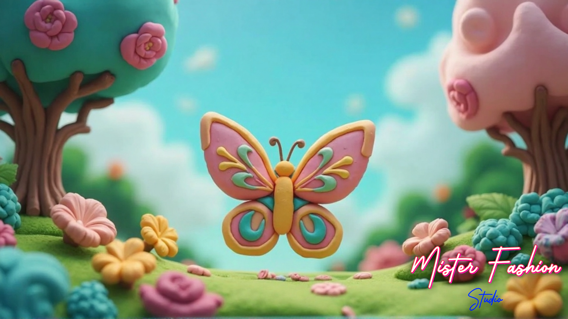 a colorful butterfly made of clay in a colorful clay forest.