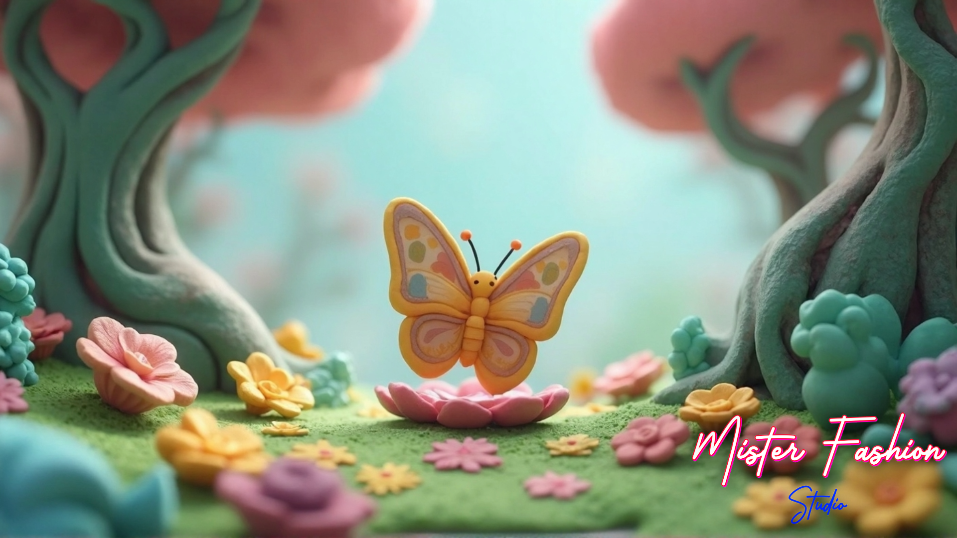 Colorful butterfly on a pink flower with a whimsical forest background