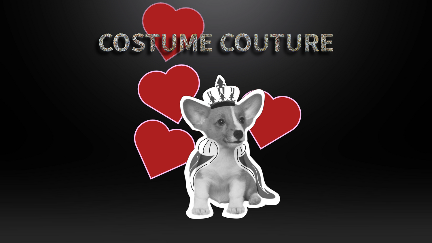a dog with a crown surrounded by hearts.