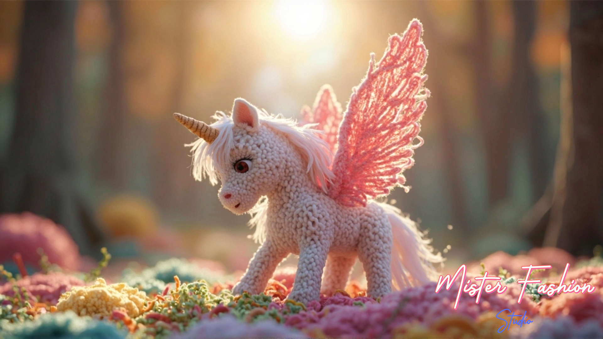 a cute unicorn made with a tight yarn weave. The wings are pink and are also made of yarn.