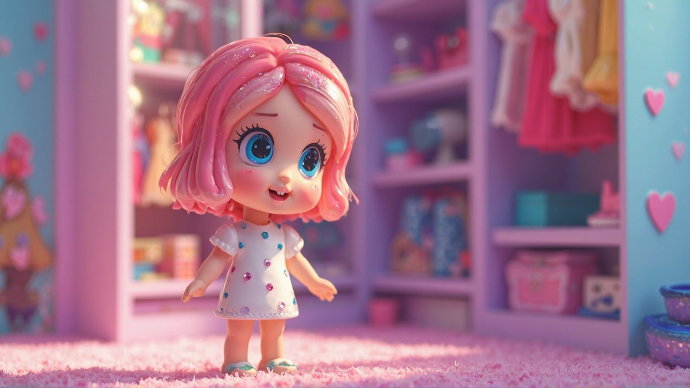 a cute doll with pink hair and rose cheeks wearing a white multicolor dot dress.
