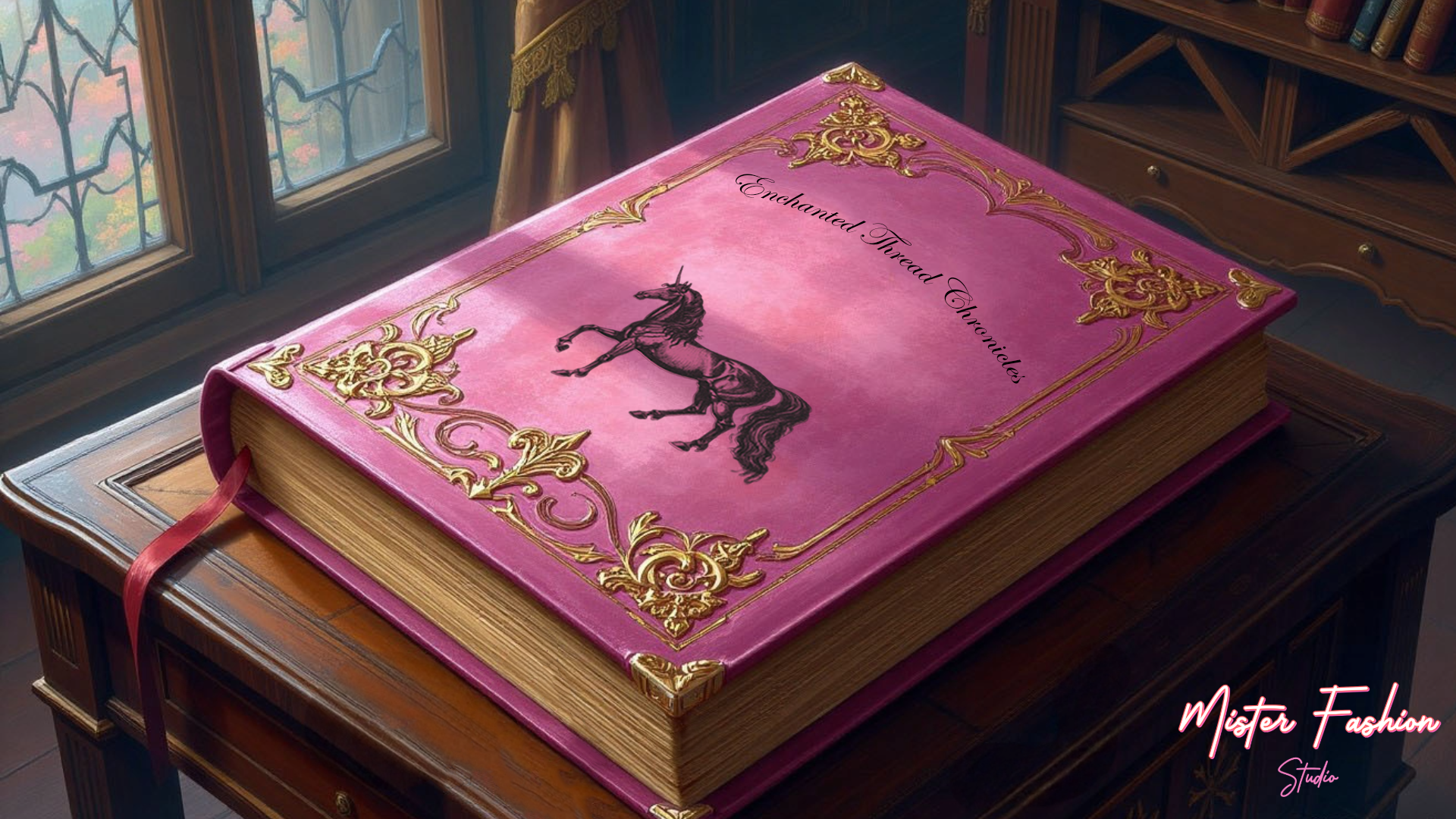 a pink magical book with golden decorations and a unicorn. The book says enchanted thread chronicles which is a series that is created by mister fashion studio and mister fashion cinema.