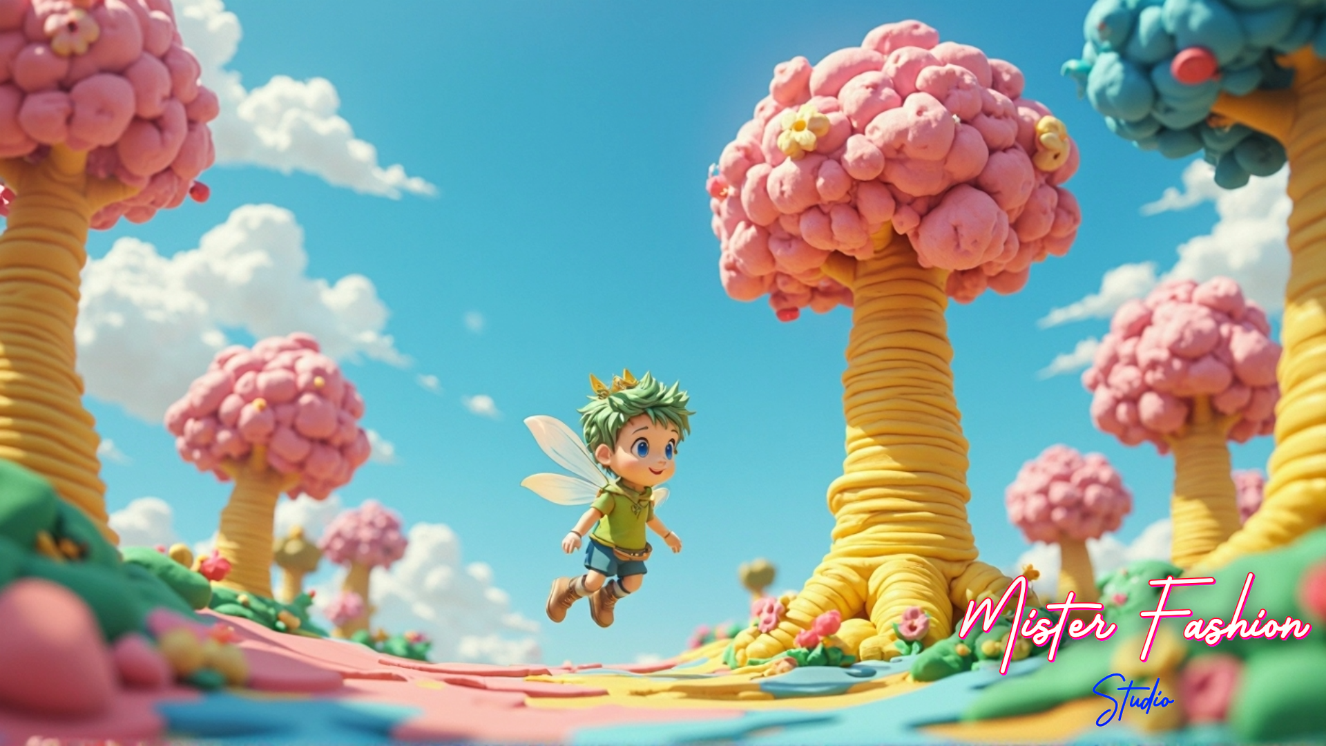 a fairy prince looks happy and if flying through a dough forest.