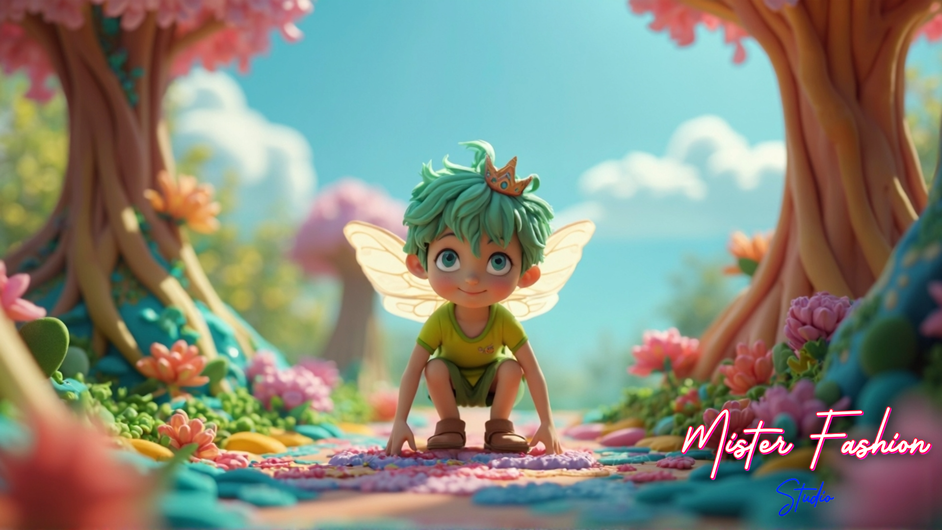 a fairy prince is in a colorful dough forest.
