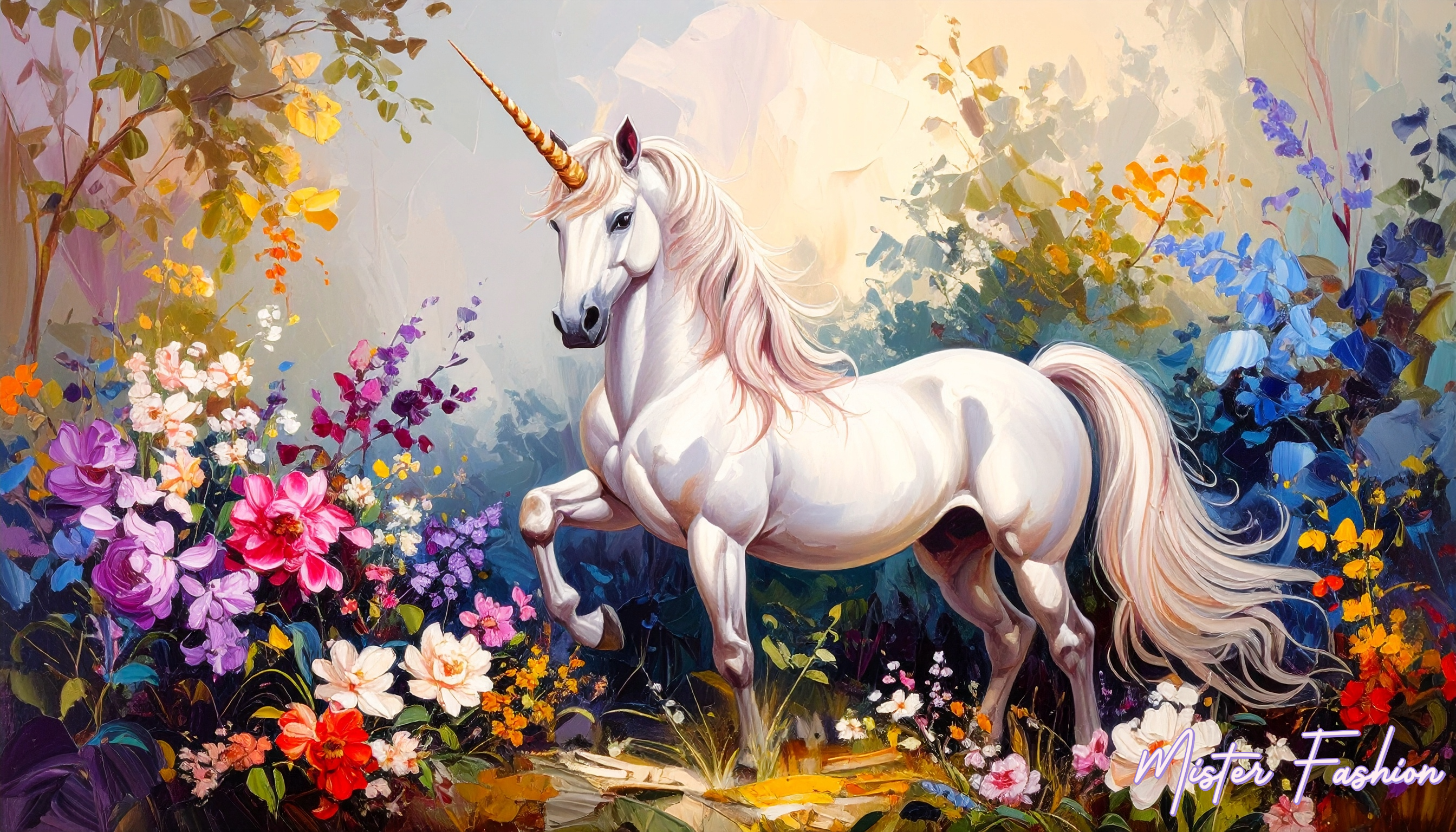 Unicorn in a fantasy setting with flowers and trees