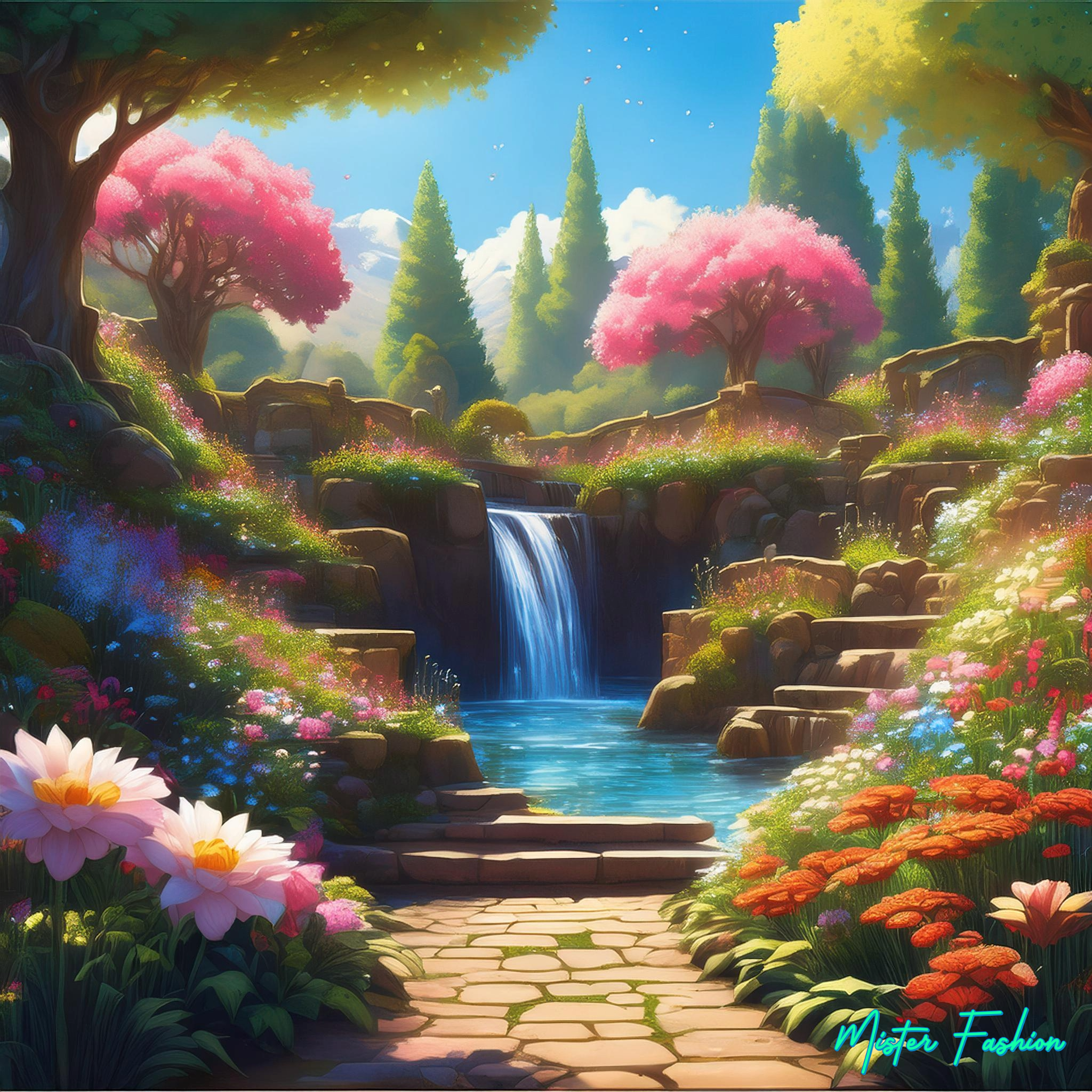 a cartoon lush forest with many flowers and a waterfall.