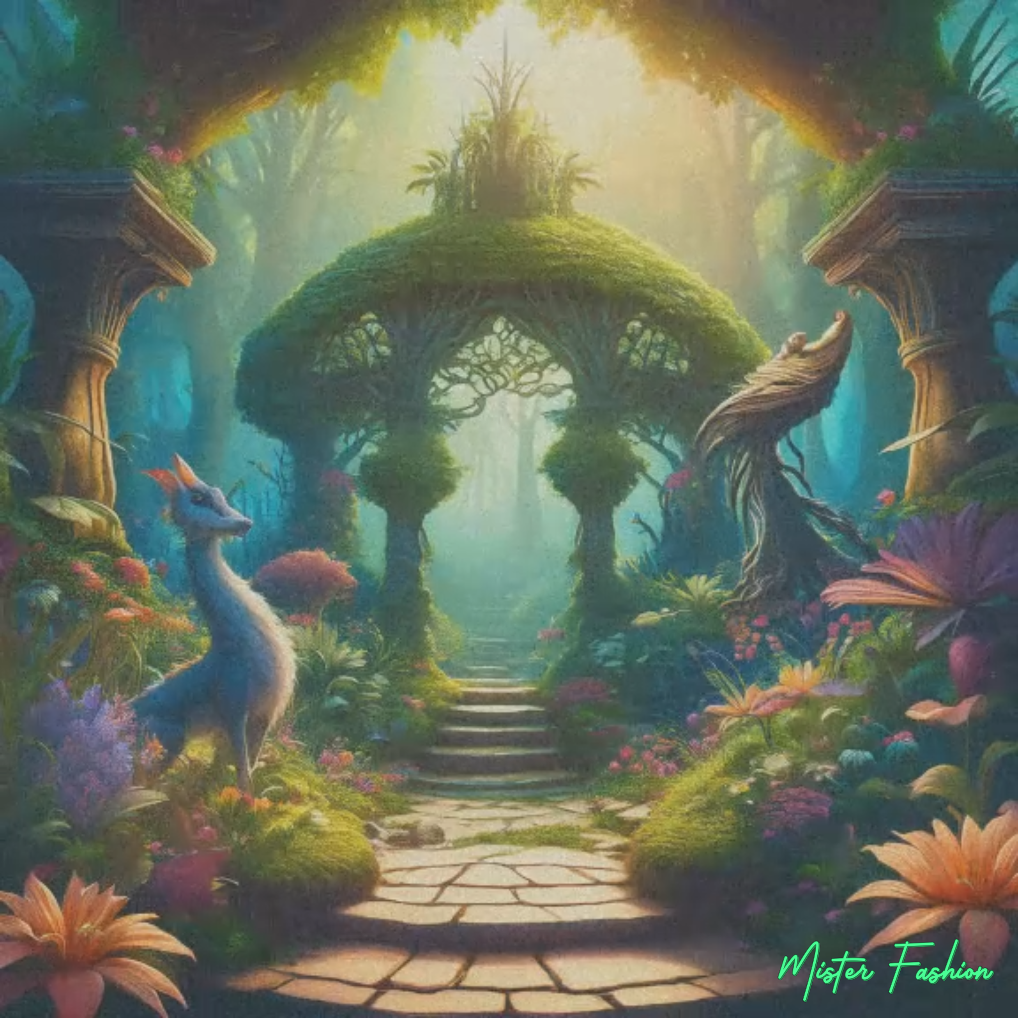 another garden of eden cartoon photo. A grey and blue creature stands near some stairs in a lush forest.