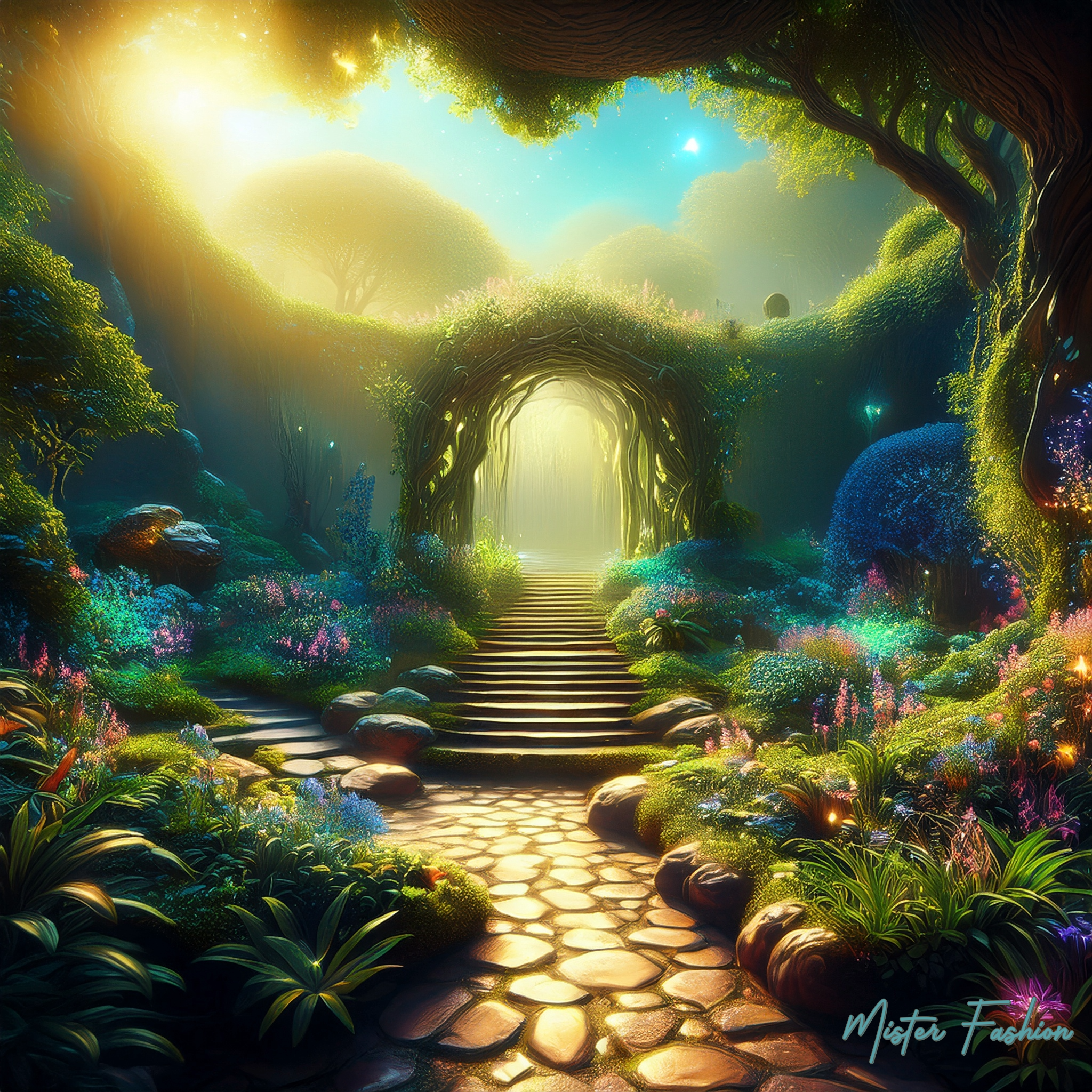 This is another cartoon garden that depicts the garden of eden through the eyes of our studio. It shows many plants and its very lush and green.