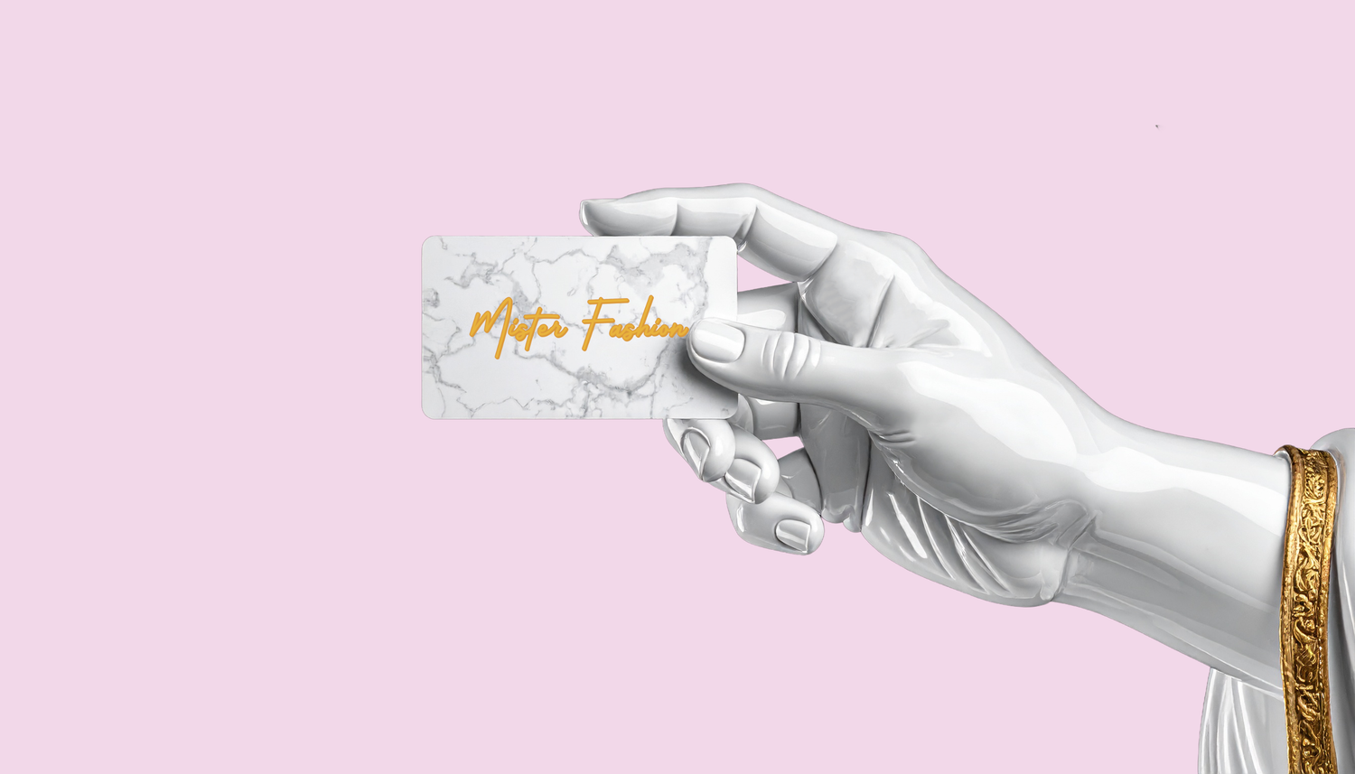 a porcelain statues hand is extended revealing a mister fashion gift card.
