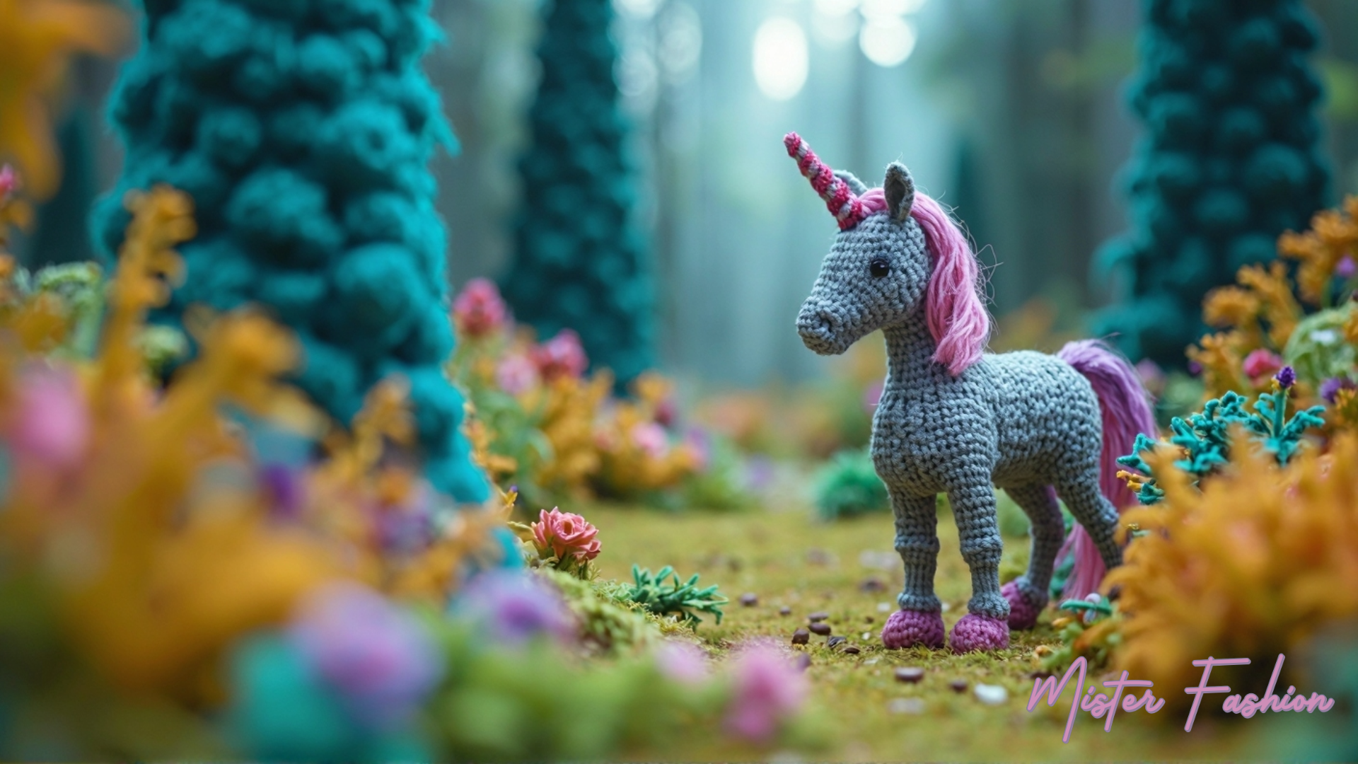 a grey yarn unicorn with a pink horn.