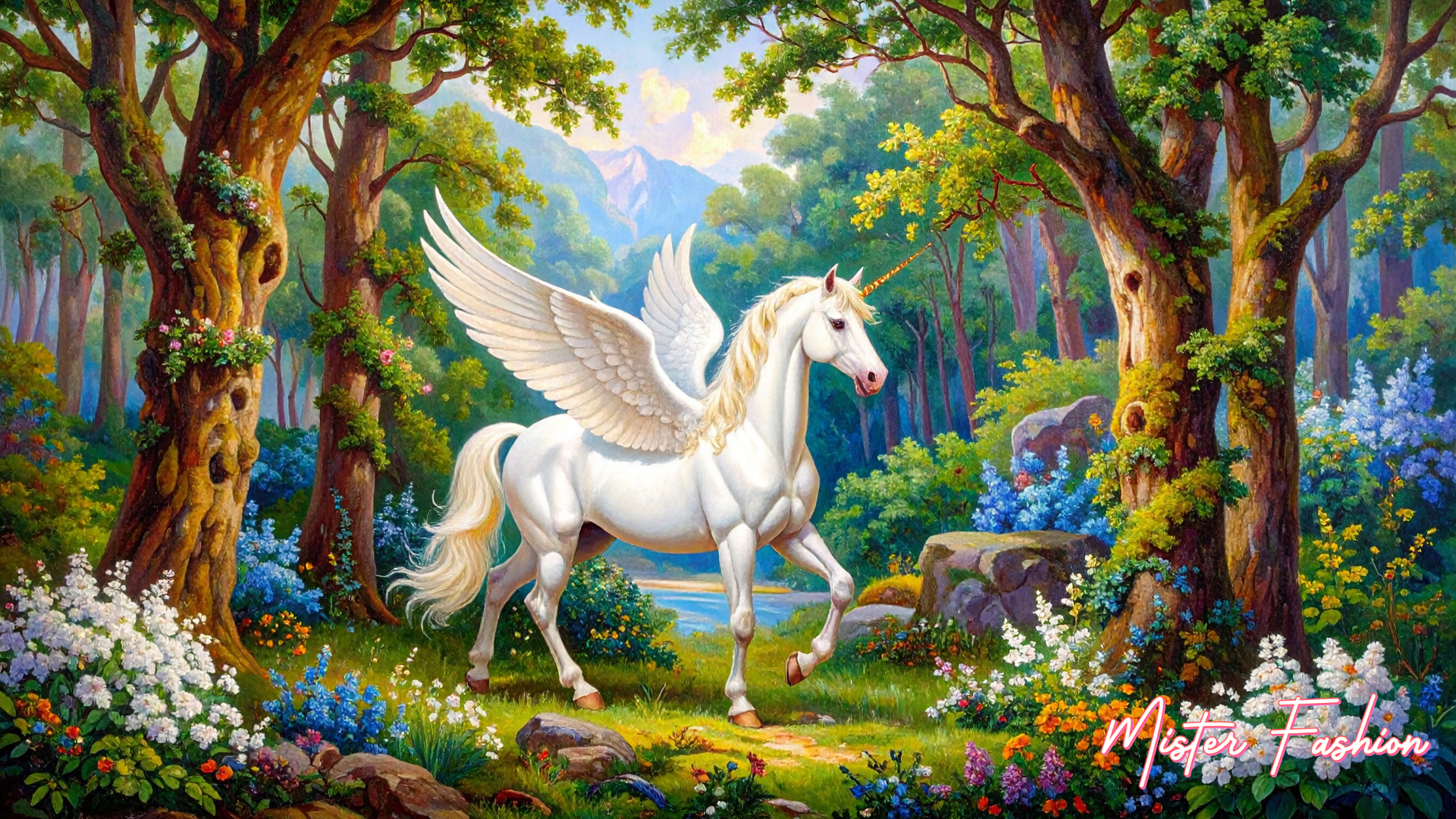Painting of a white unicorn with wings in a forest setting