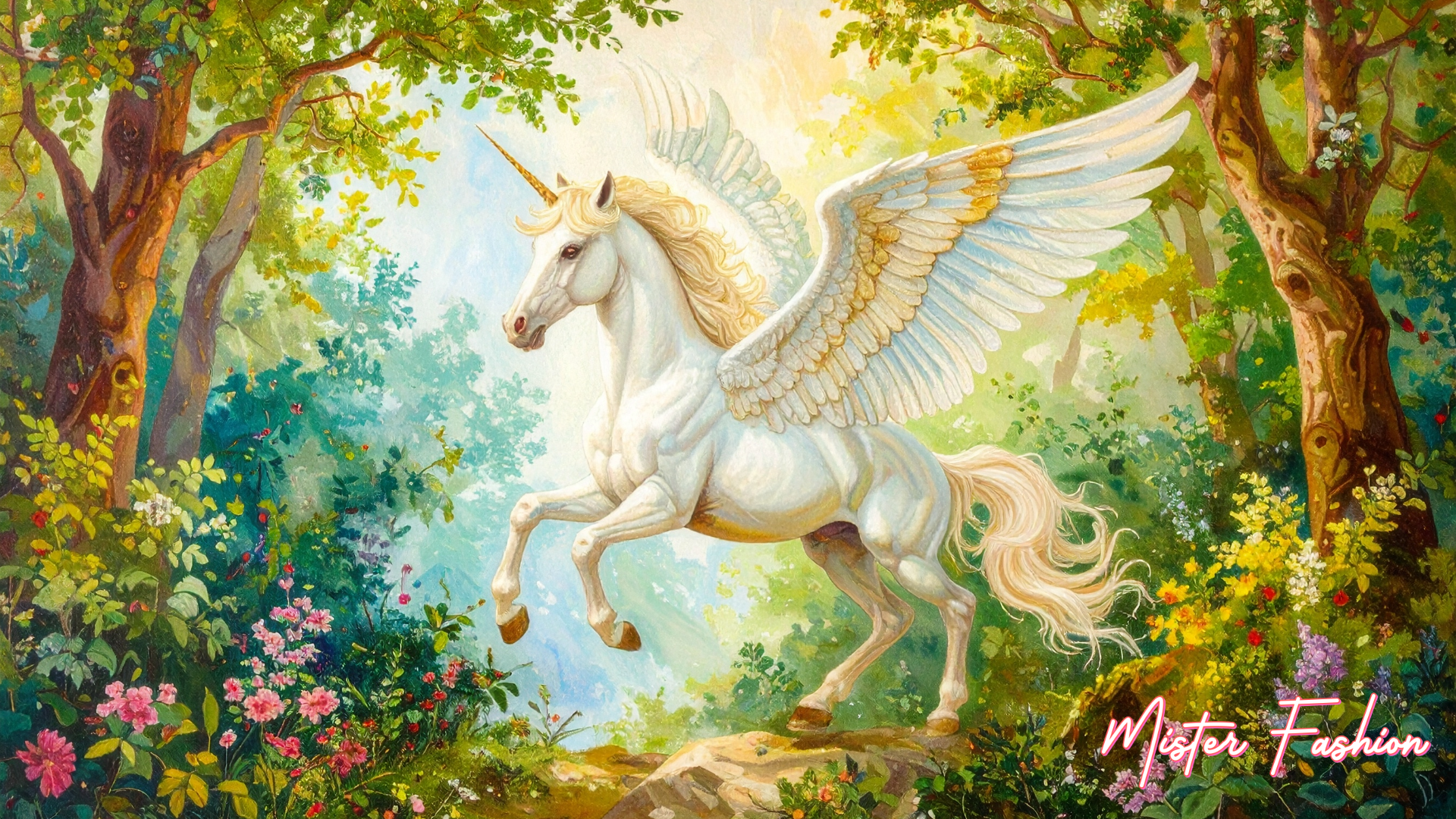 Unicorn in a forest with flowers and trees, featuring the brand 'Mister Fashion'.