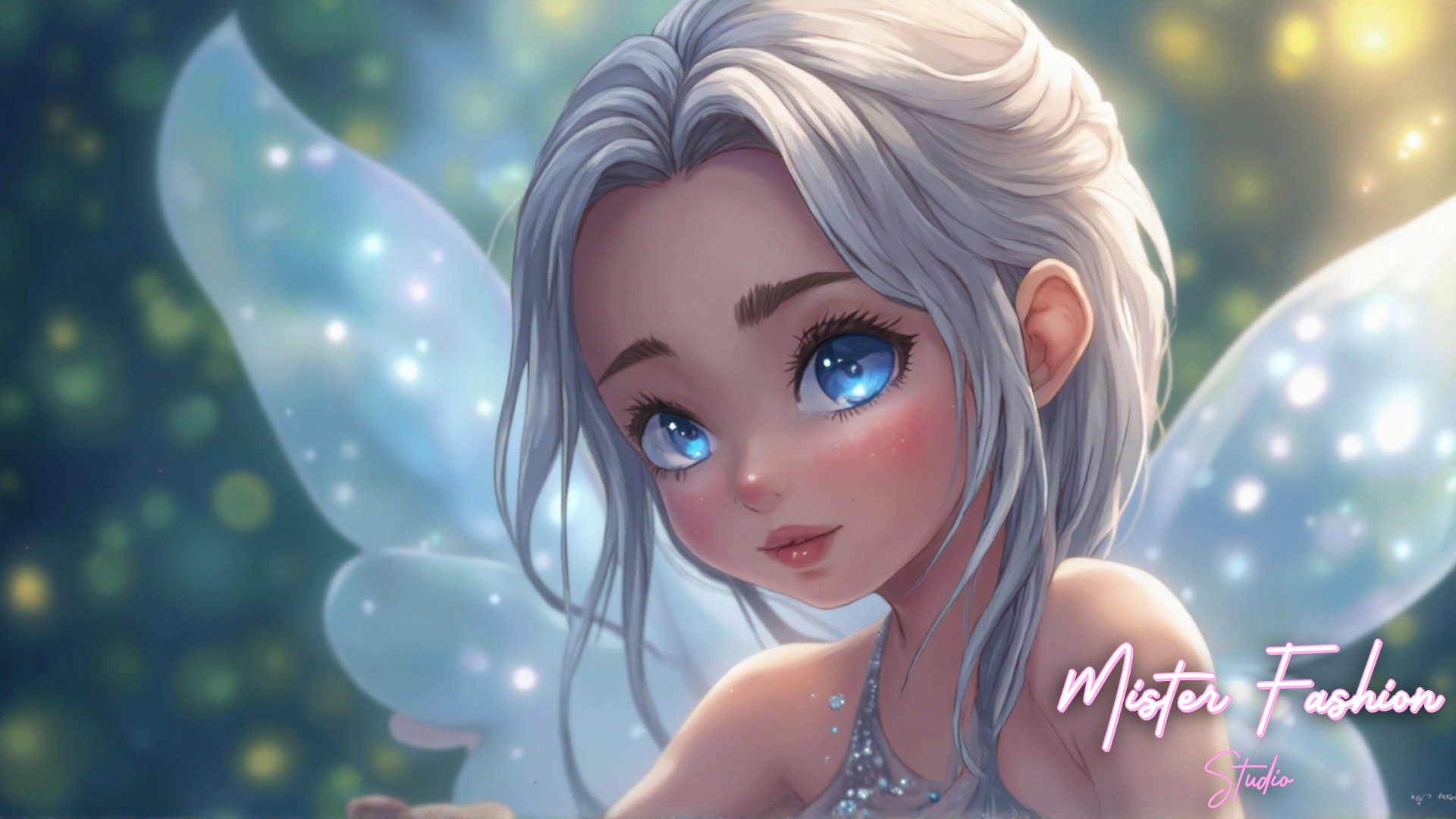 a fairy with large eyes and wings.