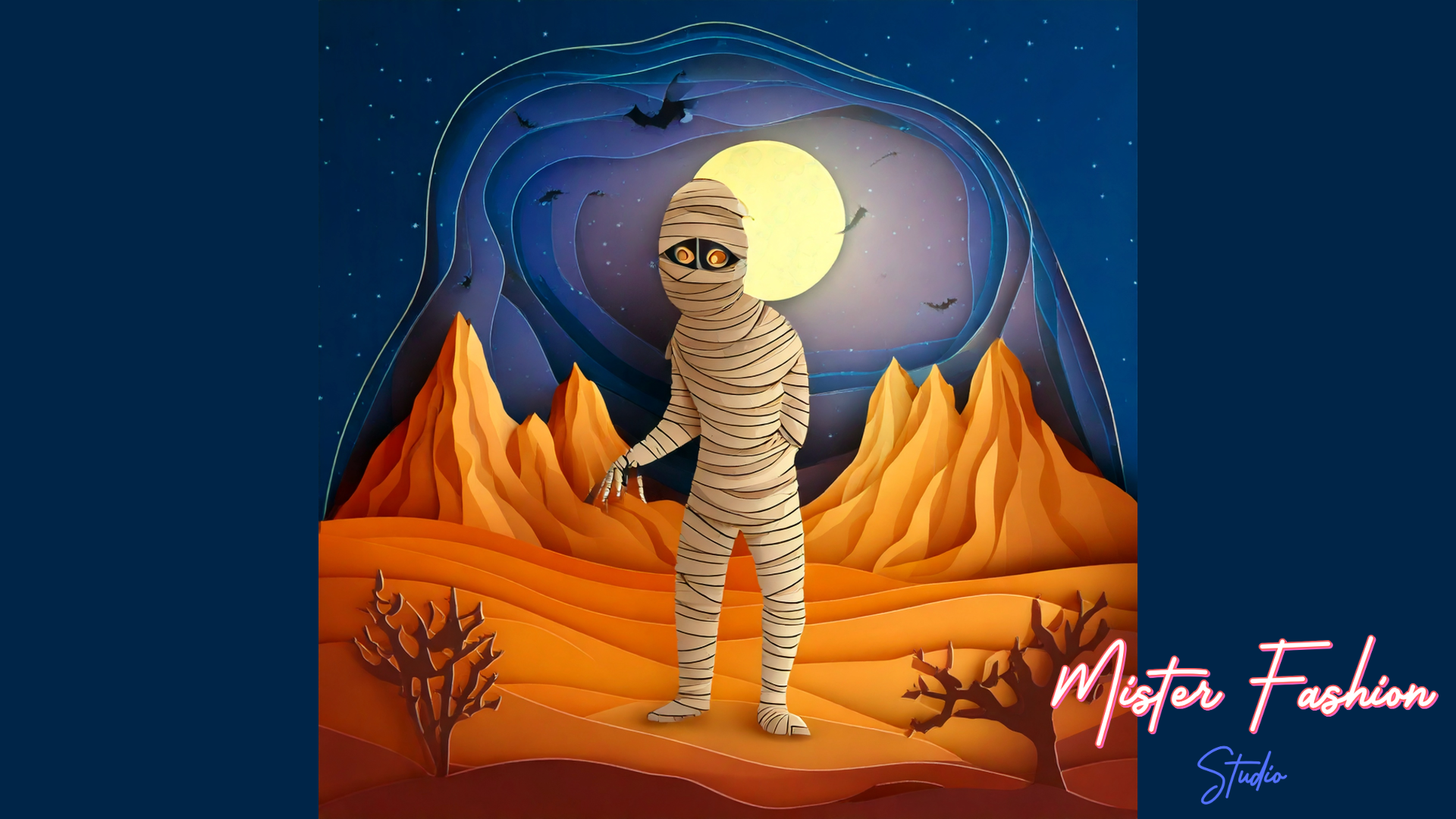 a paper mummy with a moon in the background and bats in the air.
