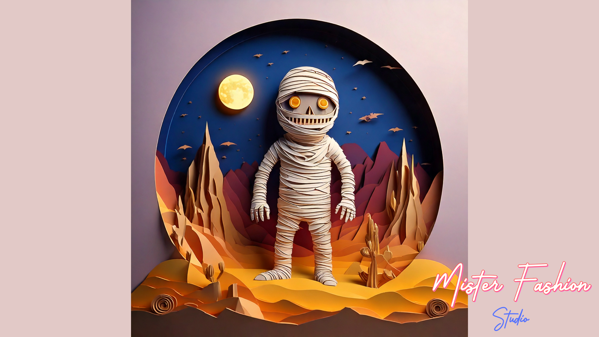 a paper mummy standing with the moon shining in the background.