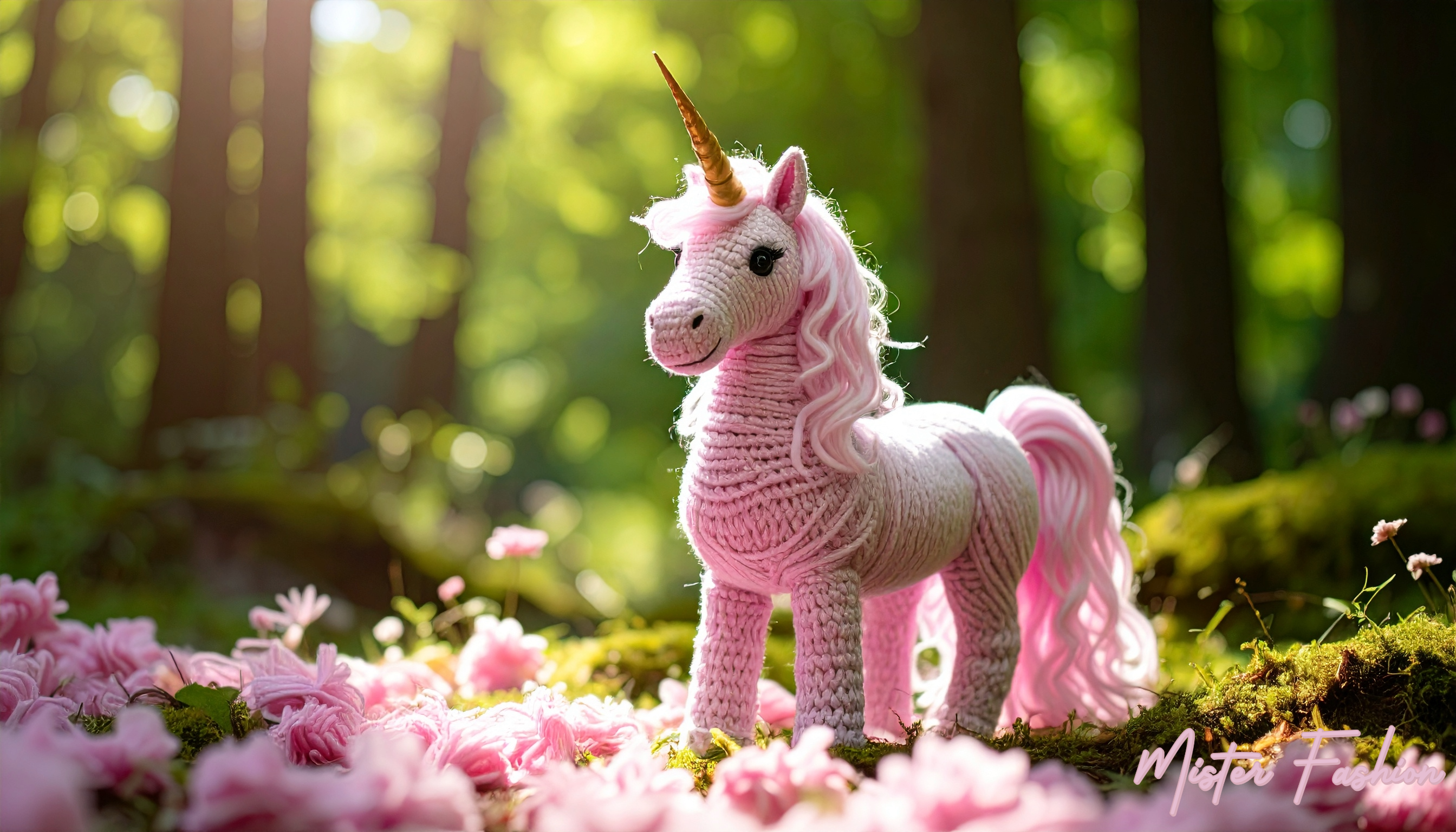 a yarn unicorn toy in a forest with pink flowers