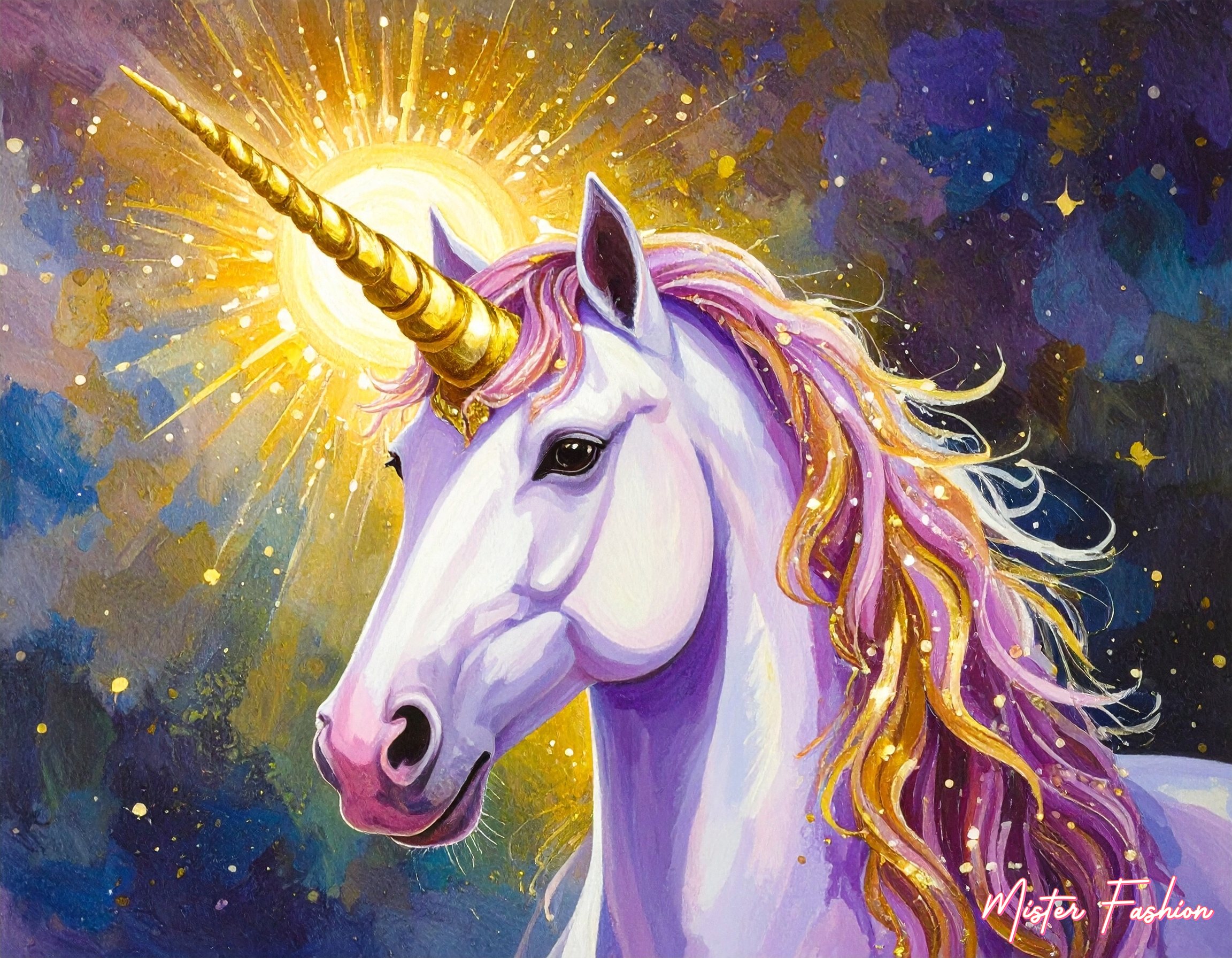 Colorful unicorn illustration with a gold horn against a starry night sky.