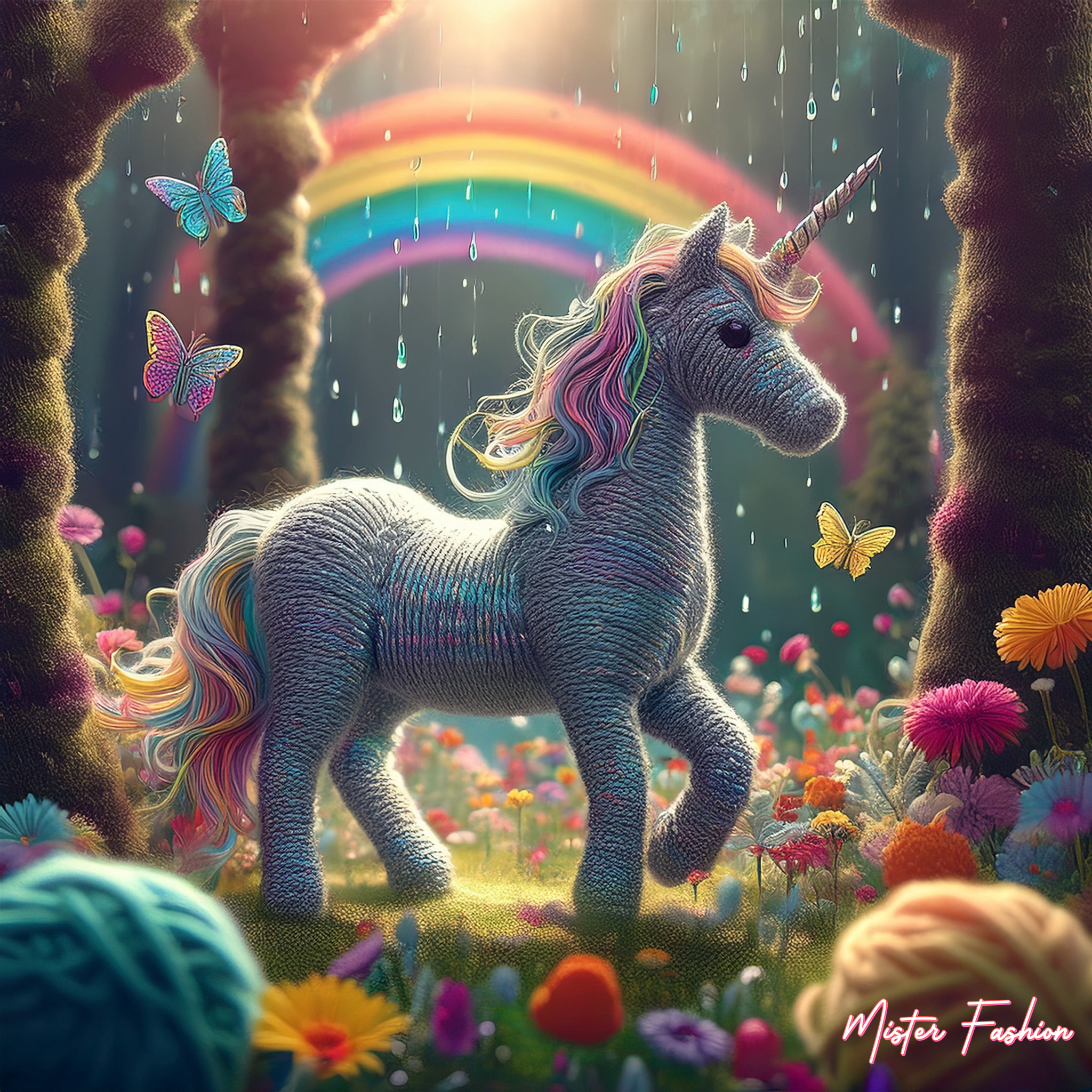 this is a silver and mermaid effect yarn unicorn in a magical forest.