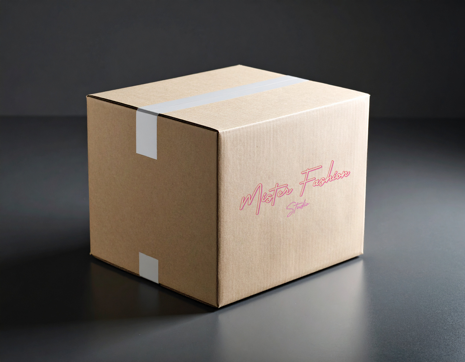 a shipping box with Mister Fashion Studio Logo.