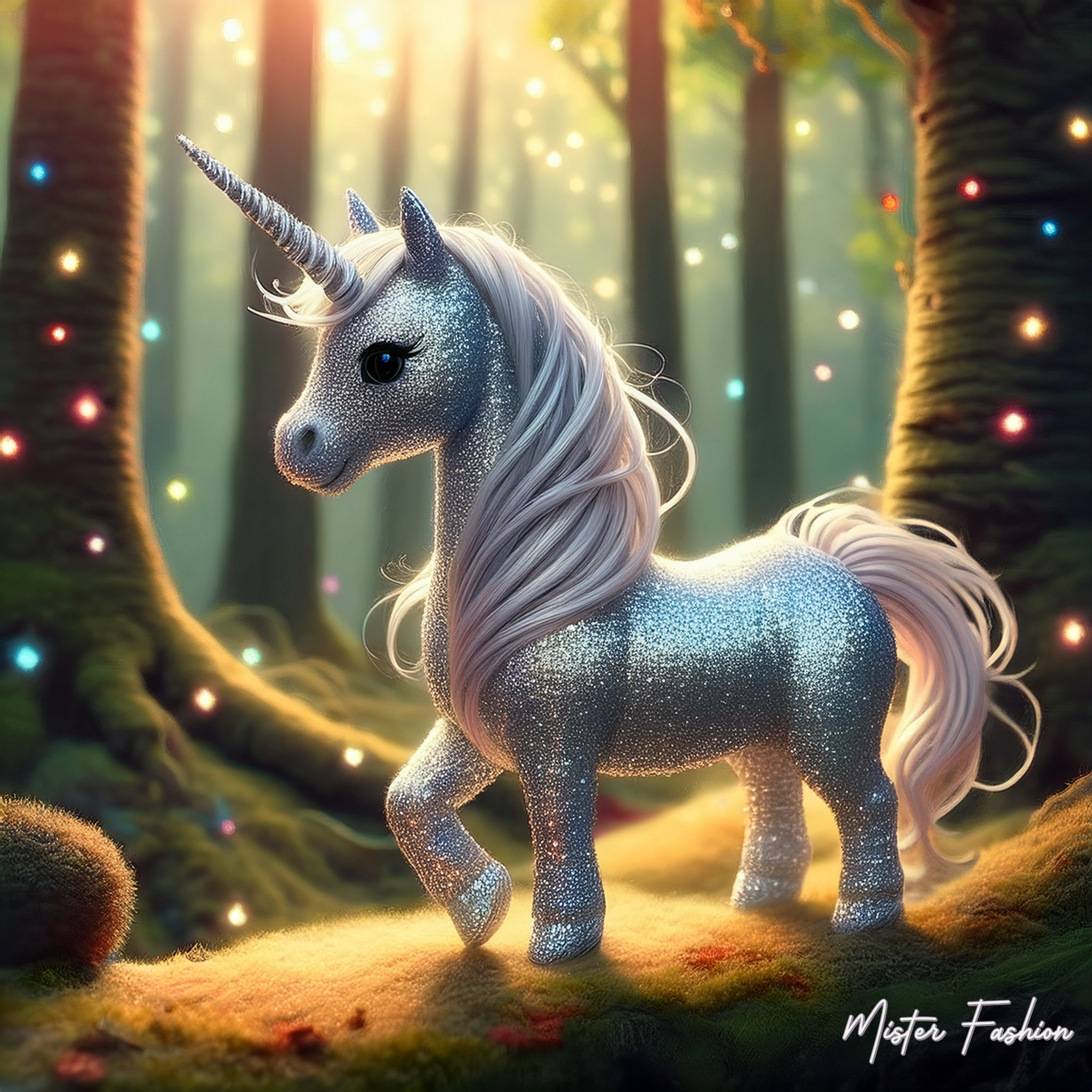 a silver glitter unicorn in a magical forest with magical lights in the air.