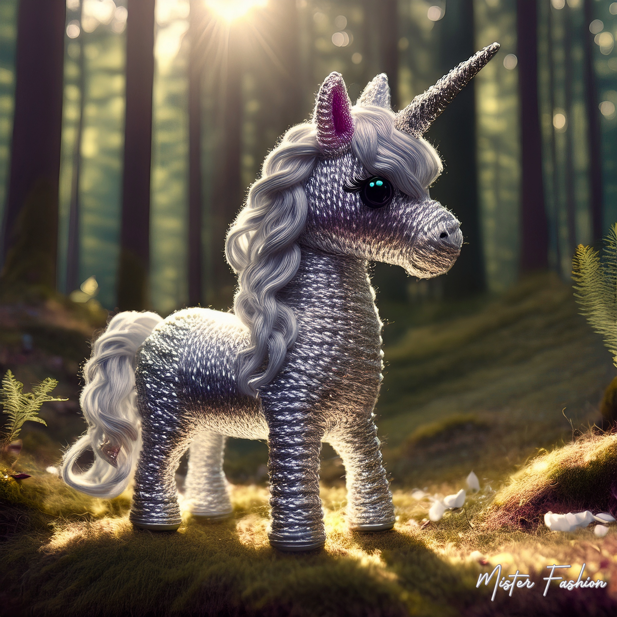 a metallic silver unicorn made of yarn in a forest.