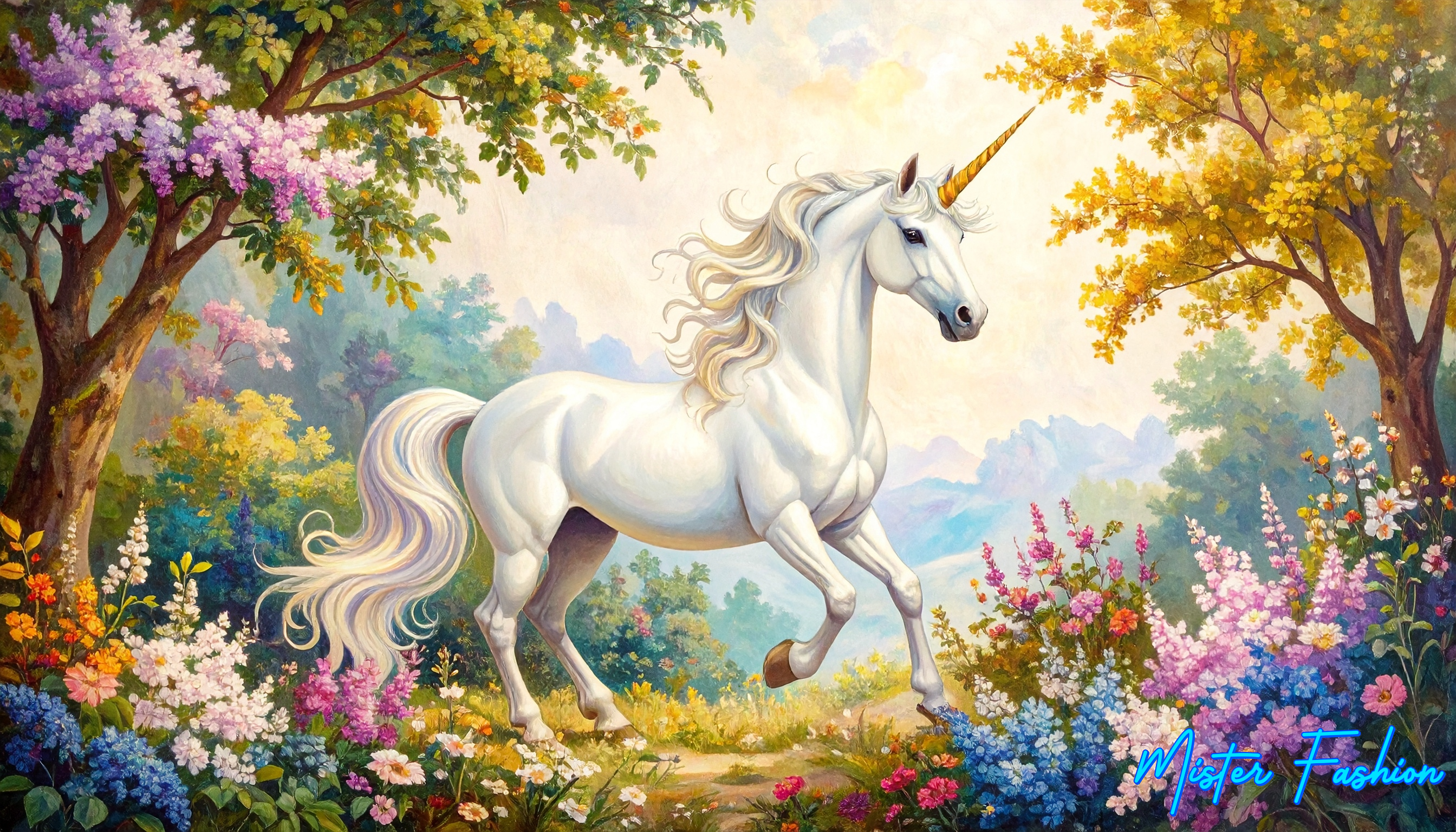 Unicorn in a fantasy landscape with flowers and trees