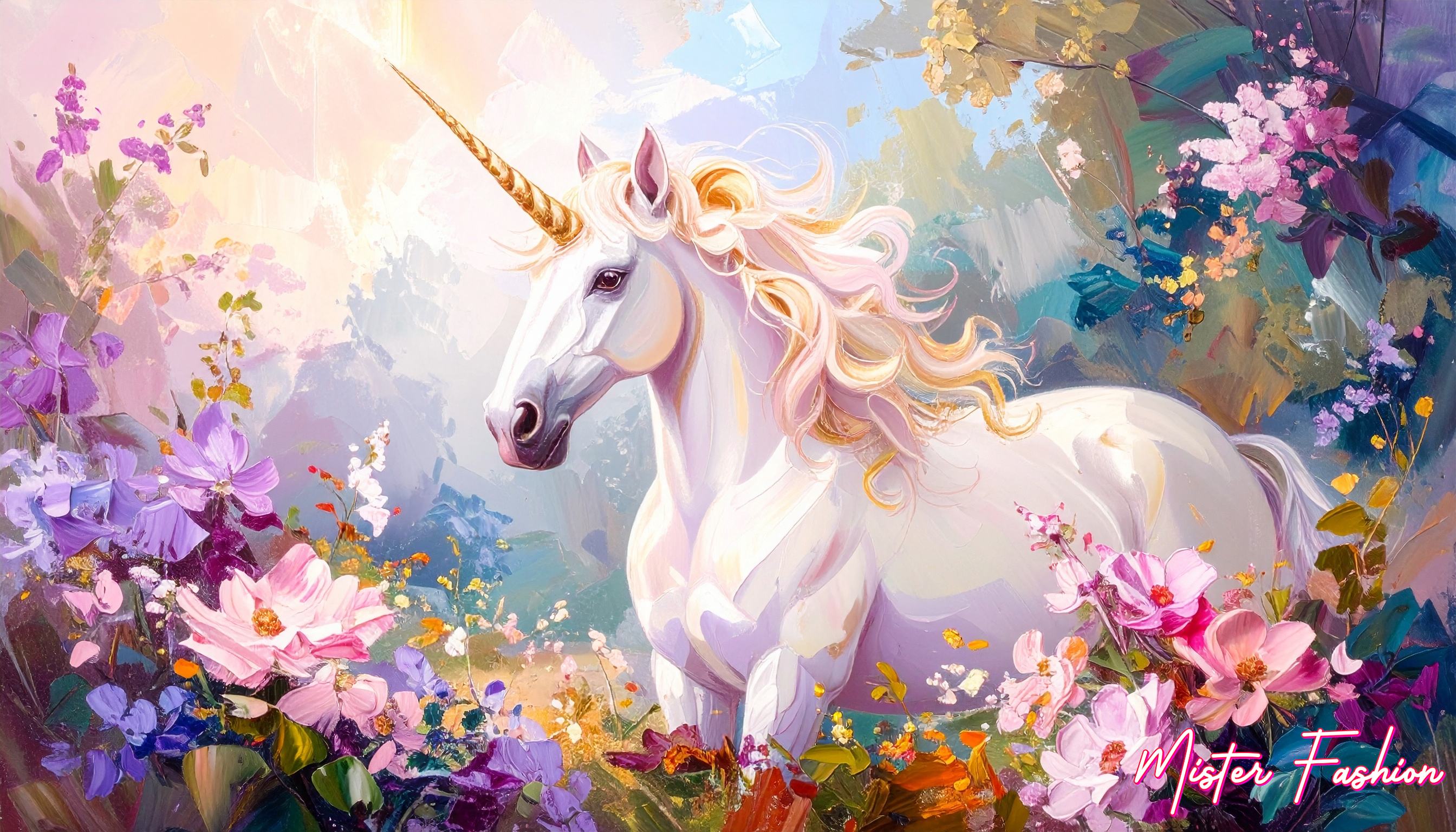 Unicorn surrounded by flowers in a colorful setting