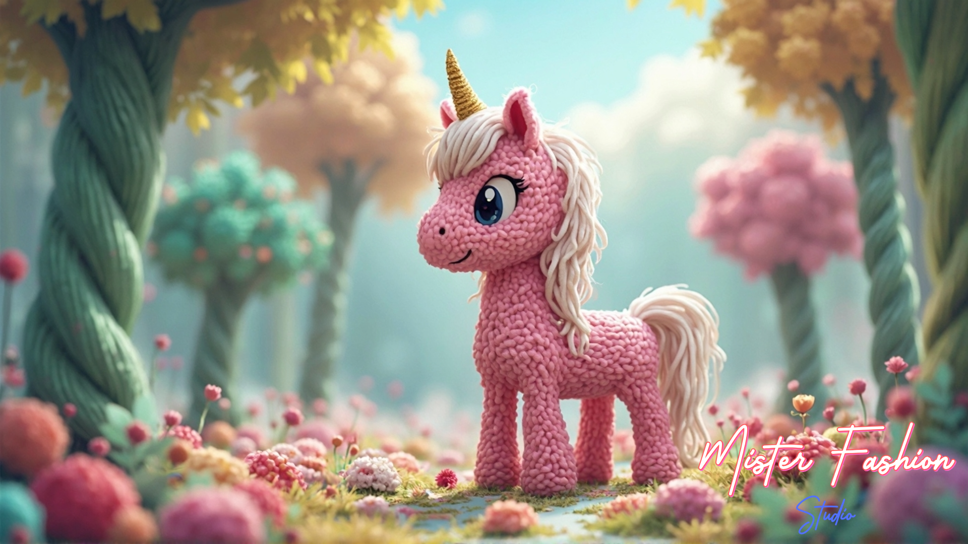 Pink unicorn toy in a colorful fantasy forest with 'Mater Fashion' branding.