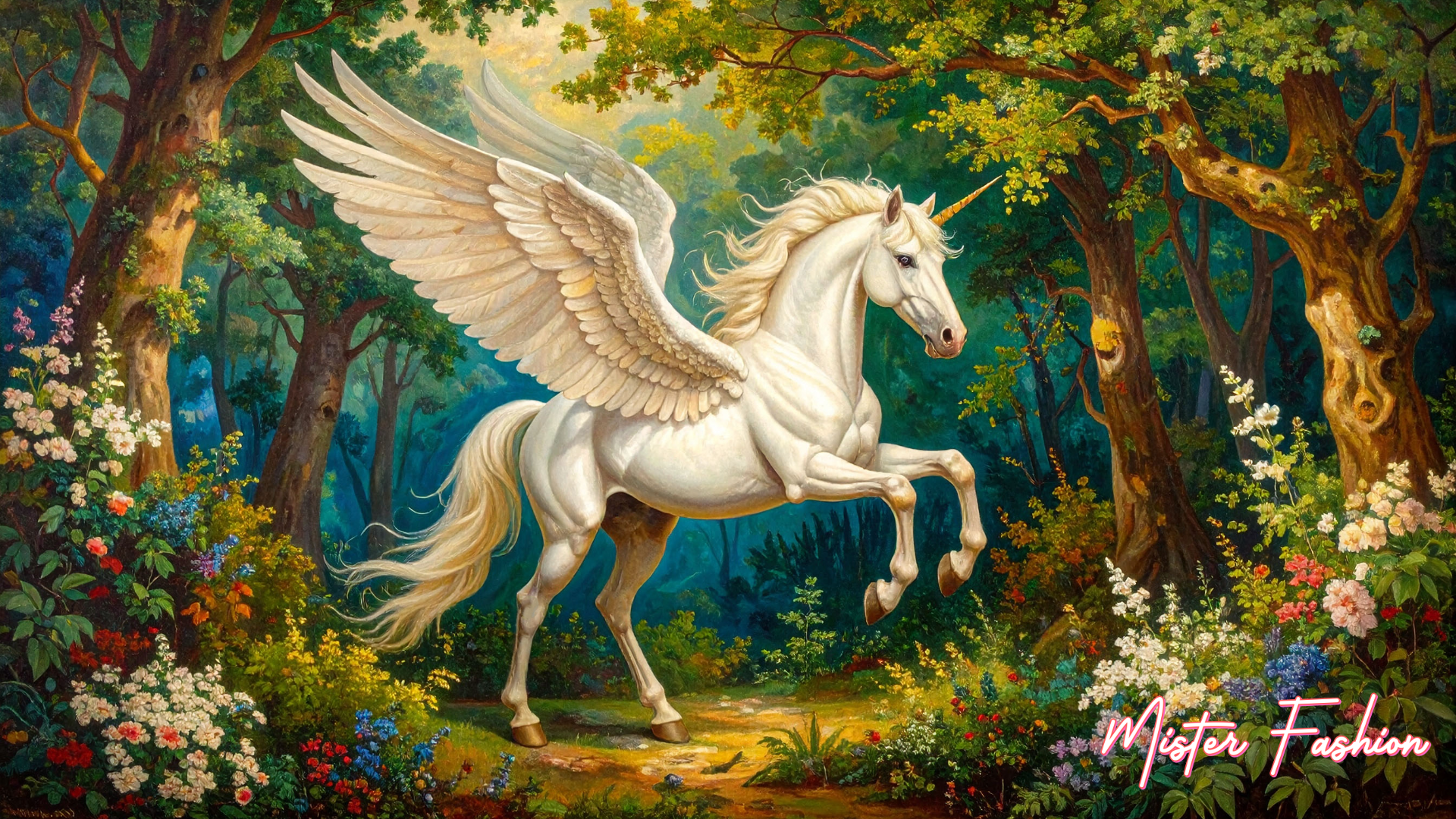 Mythical creature Pegasus in a forest with flowers and trees