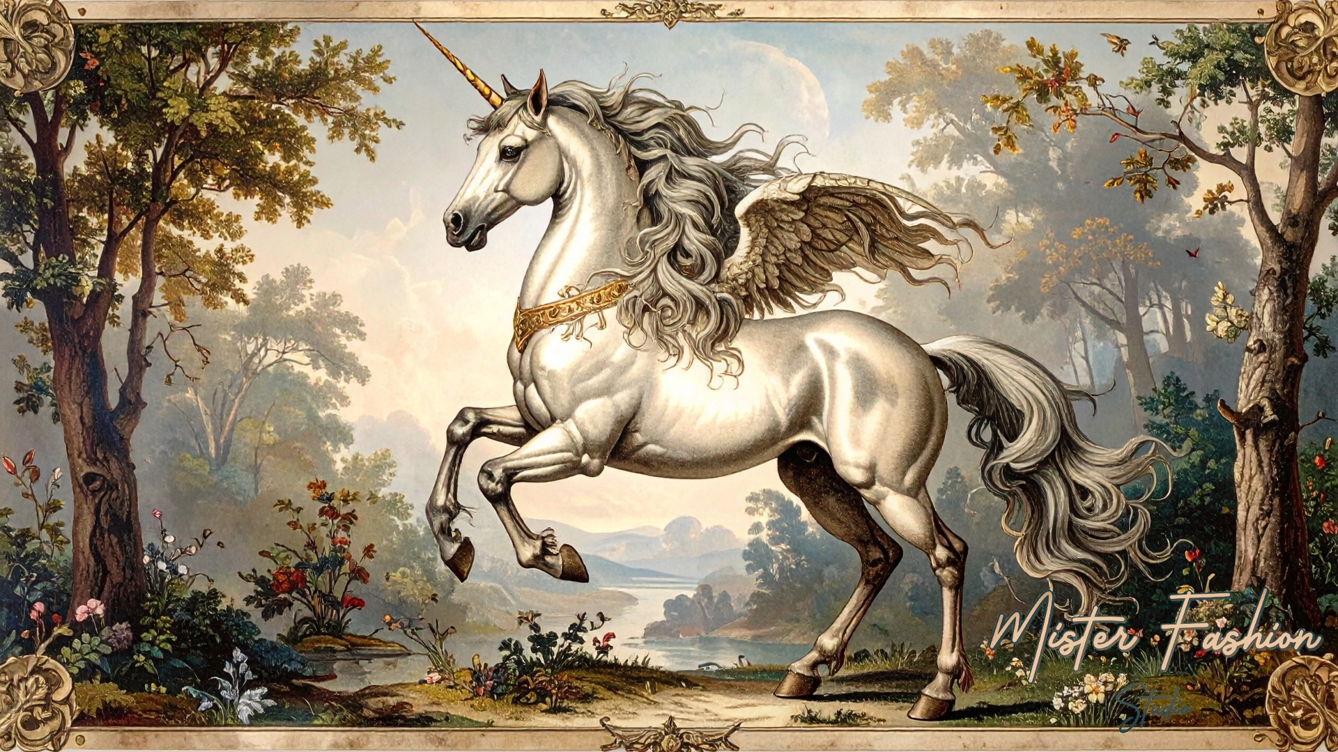 Mythical unicorn with wings in a forest setting, signed 'Mister Fashion'.
