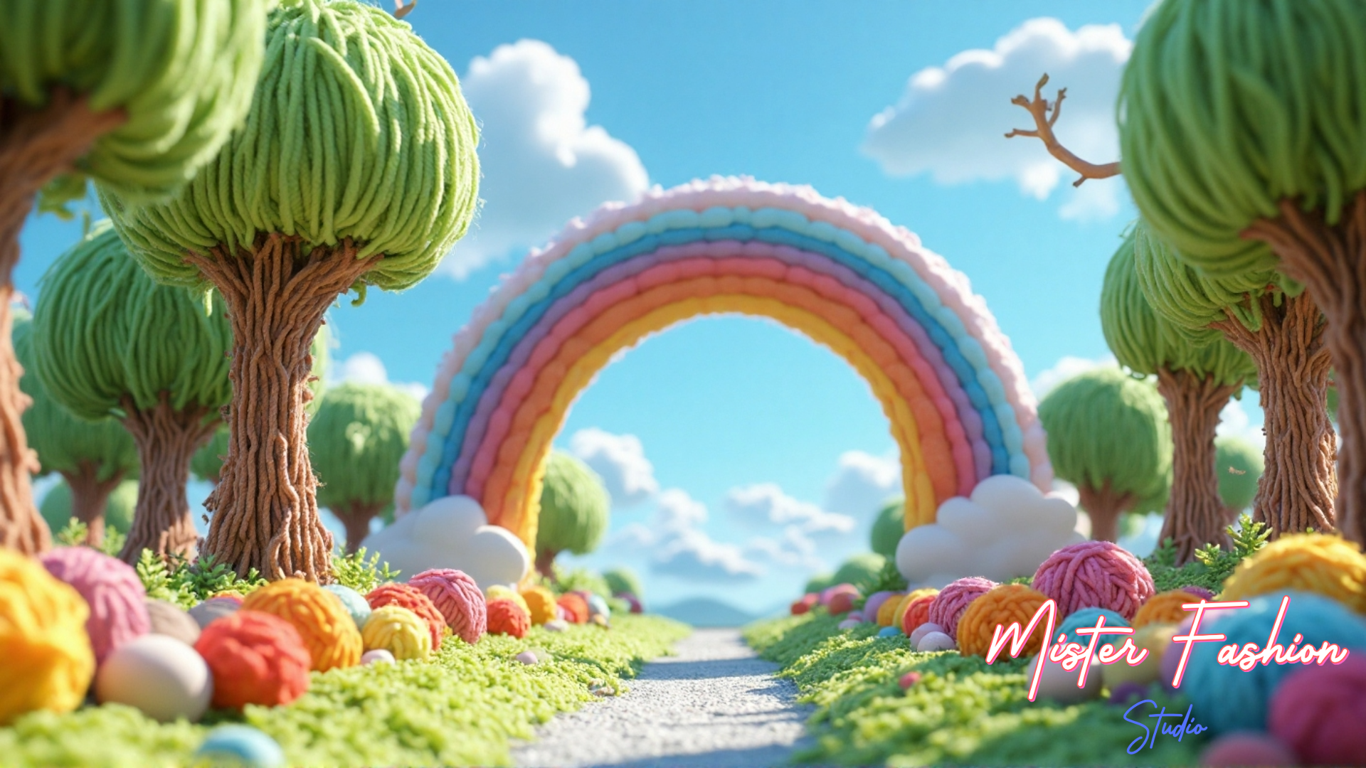 Colorful fantasy landscape with rainbow, trees, and candy-like flowers. the world is made of clay.