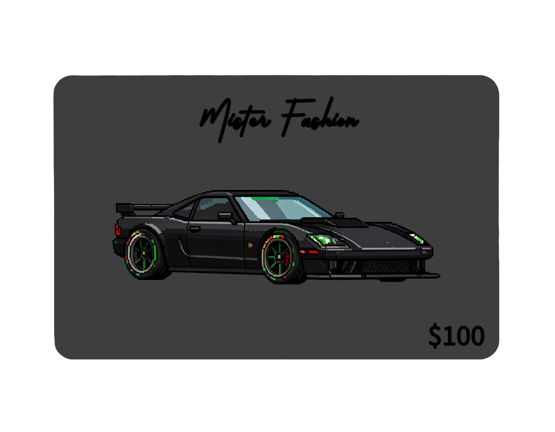 a digital 100 gift card in grey with a retro car. 