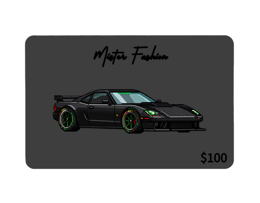 a digital 100 gift card in grey with a retro car. 