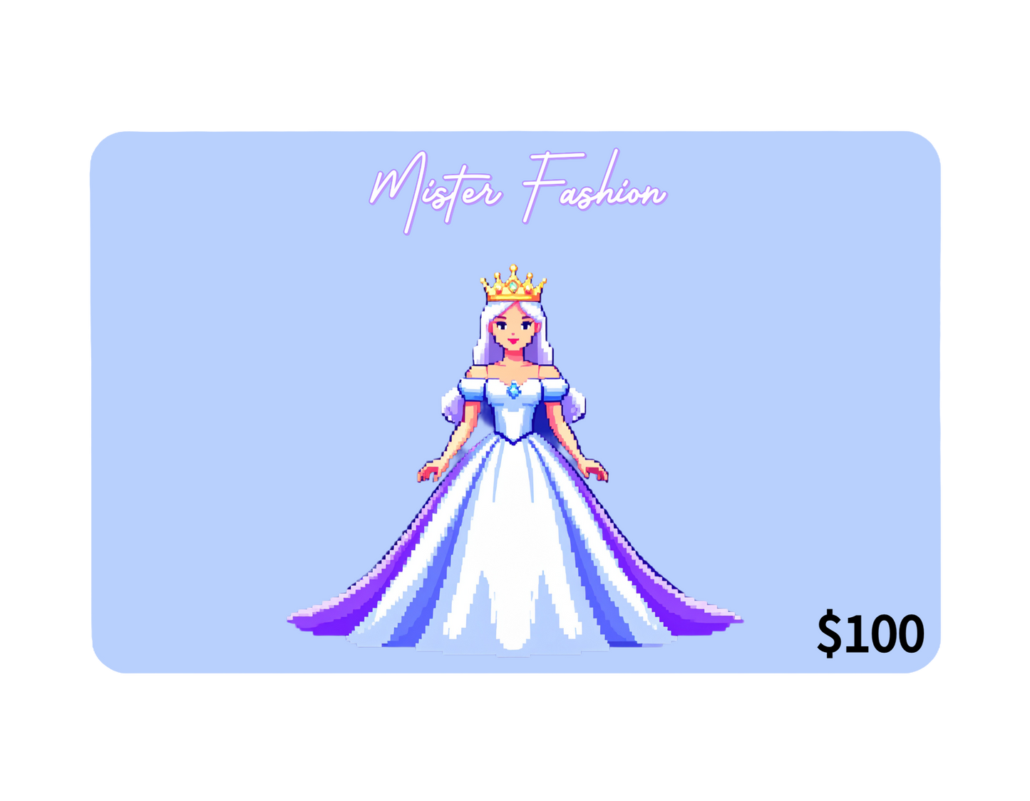 a digital 100 gift card in blue with a pixelated princess. 