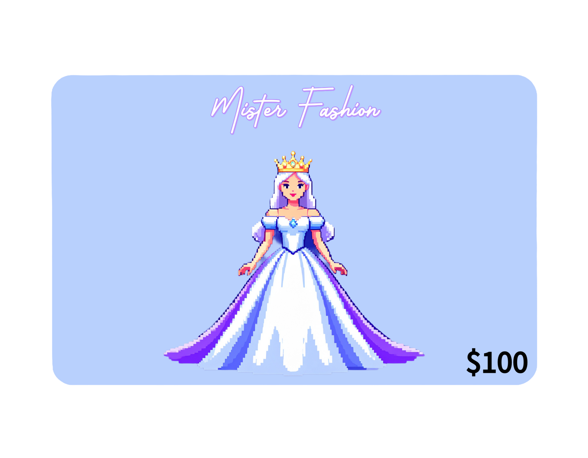 a digital 100 gift card in blue with a pixelated princess. 