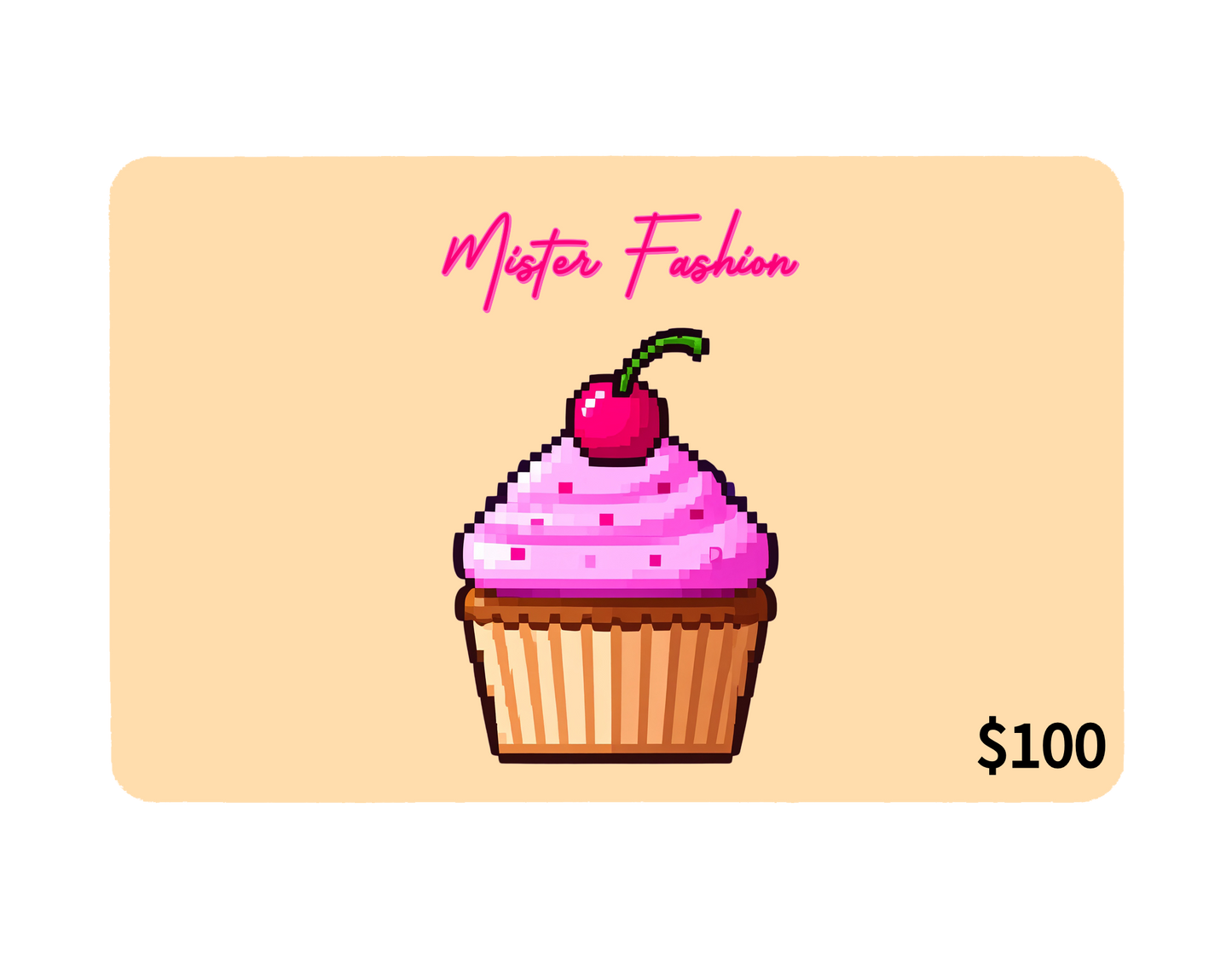 a digital 100 gift card in yellow with a pixelated cupcake with cherry on top. 