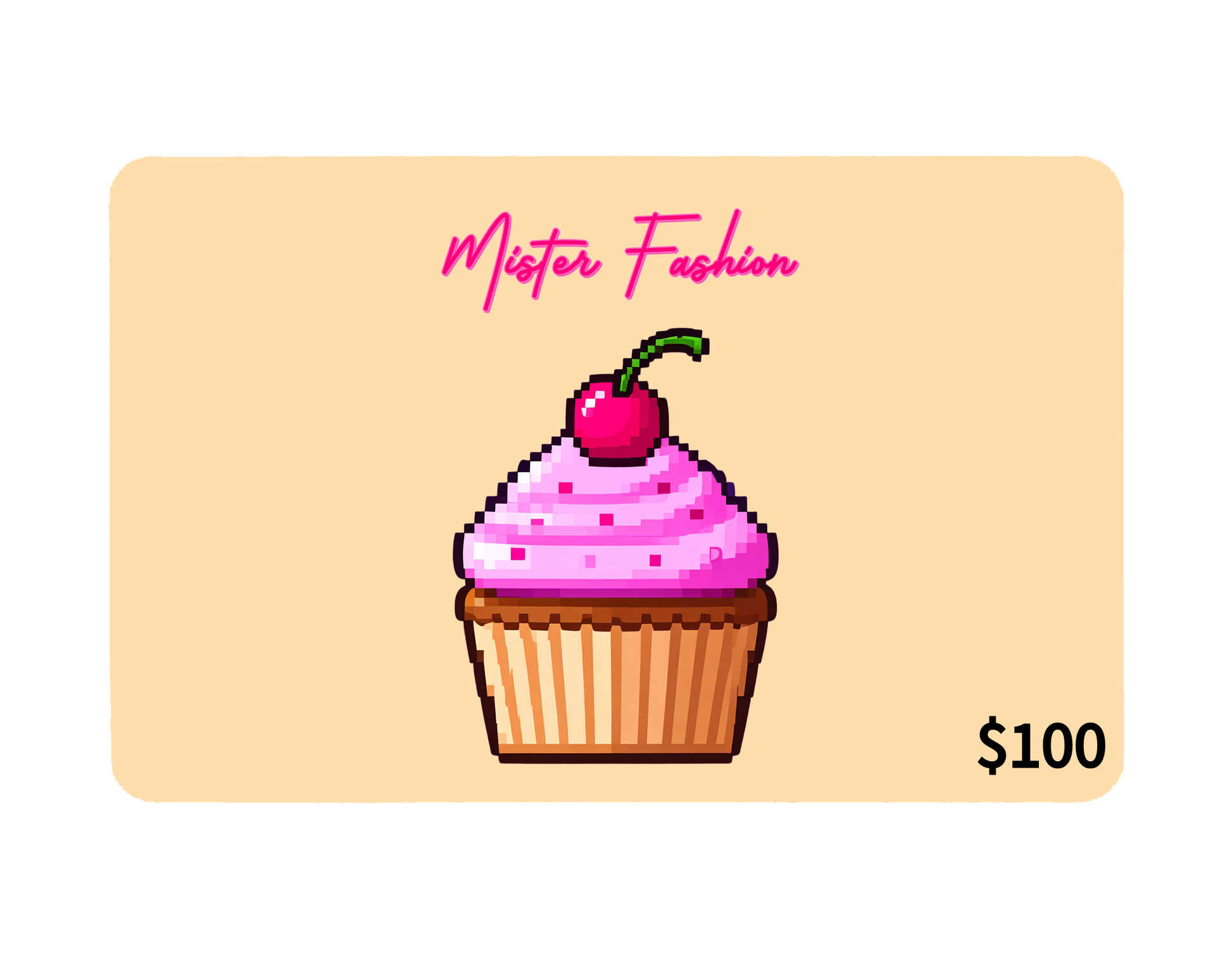 a digital 100 gift card in yellow with a pixelated cupcake with cherry on top. 
