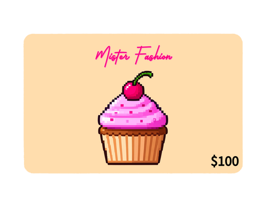 a digital 100 gift card in yellow with a pixelated cupcake with cherry on top. 