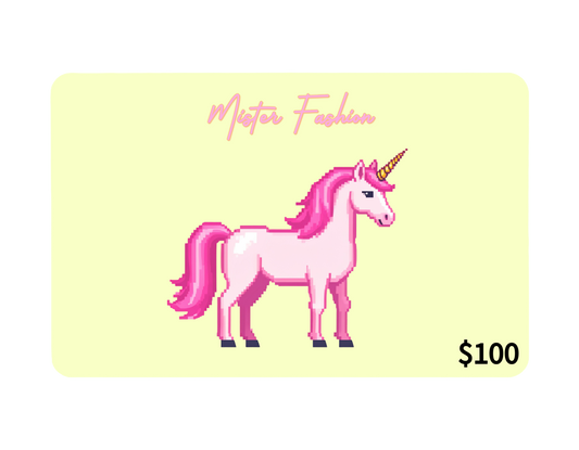 a digital 100 gift card in yellow with a pixelated pink unicorn. 