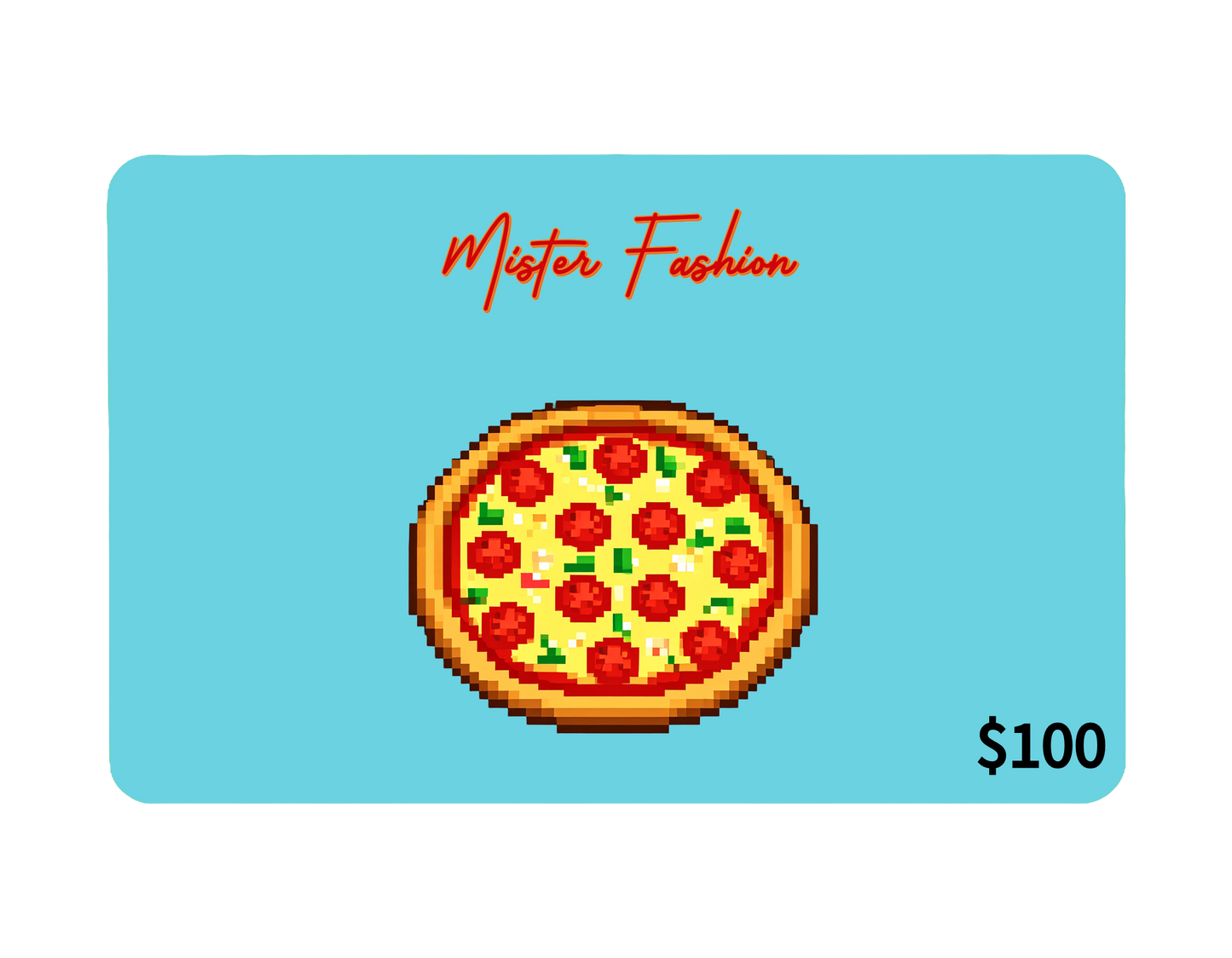 a digital 100 gift card in blue with a pixelated pizza.