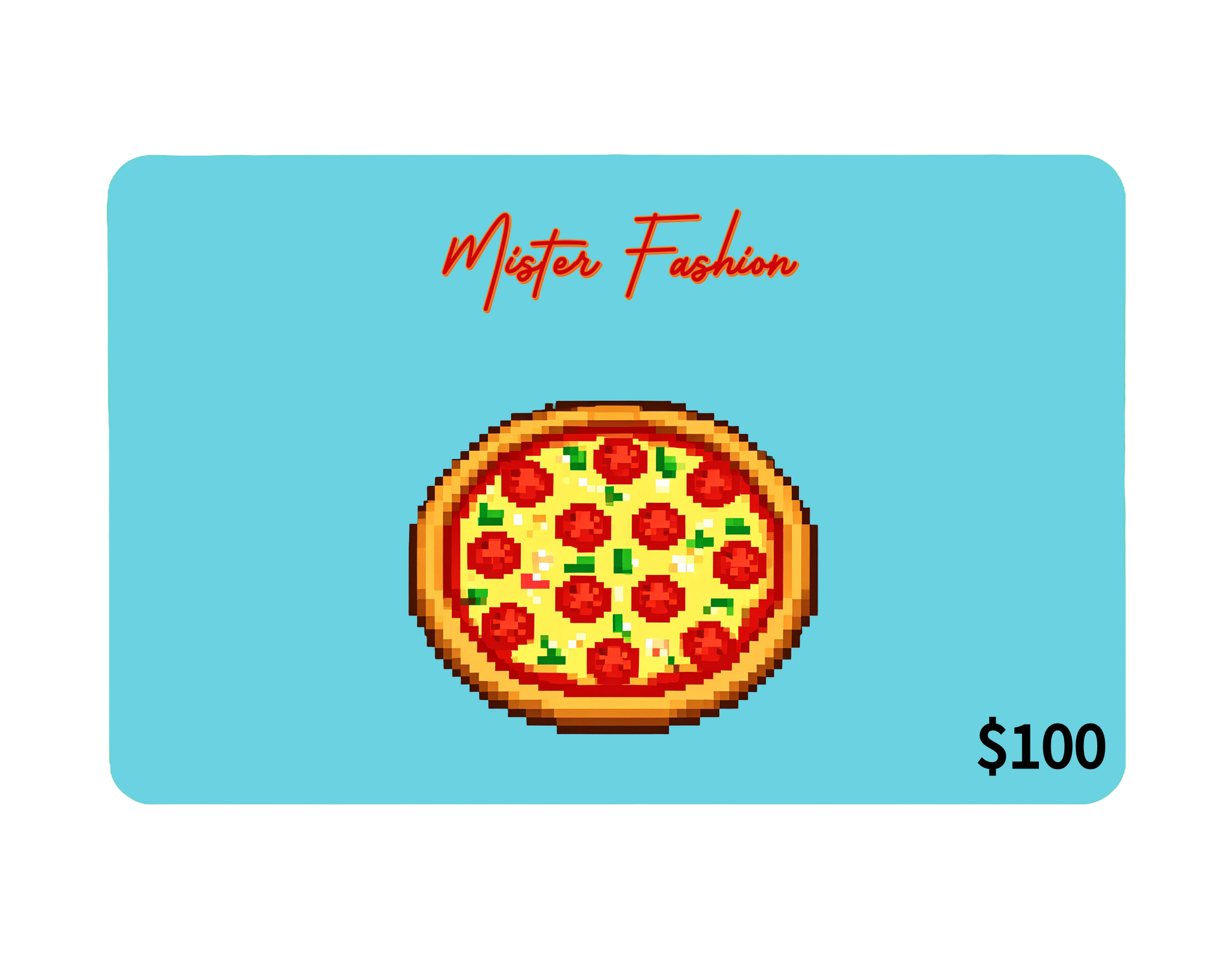 a digital 100 gift card in blue with a pixelated pizza.