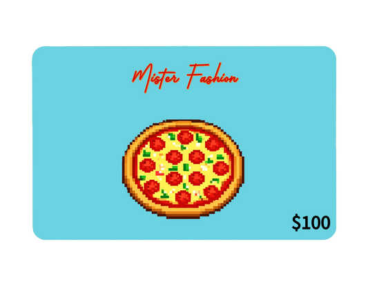 a digital 100 gift card in blue with a pixelated pizza.