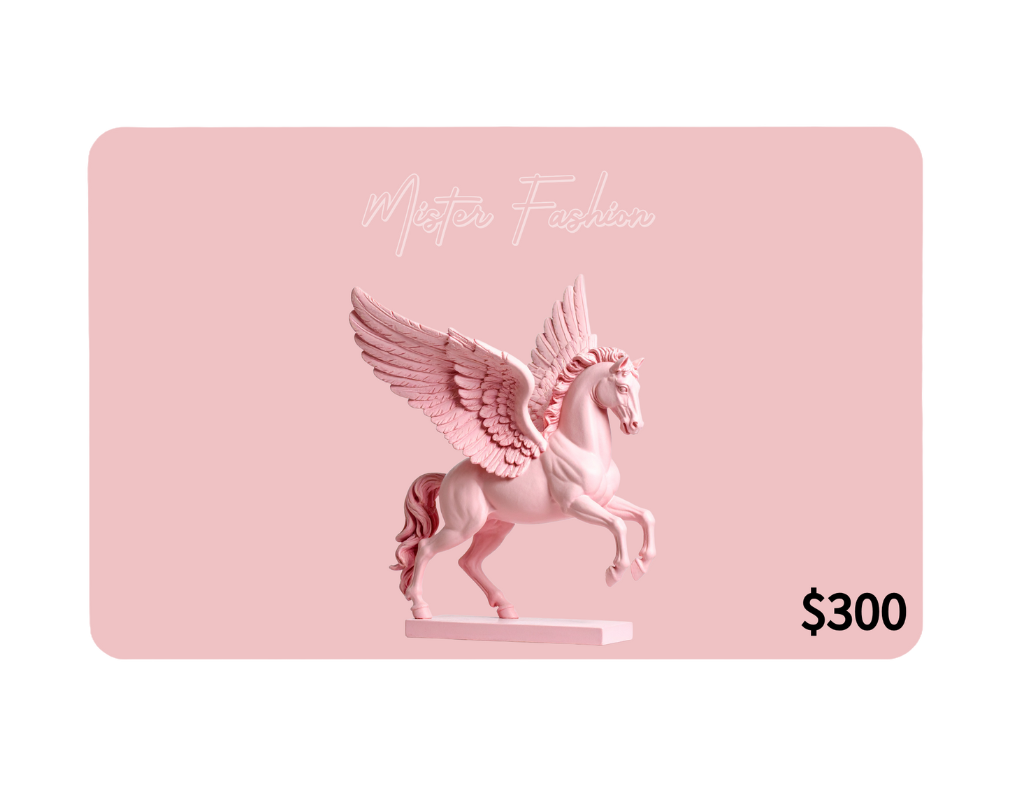 a digital 300 gift card in pink with a pink pegasus statue.